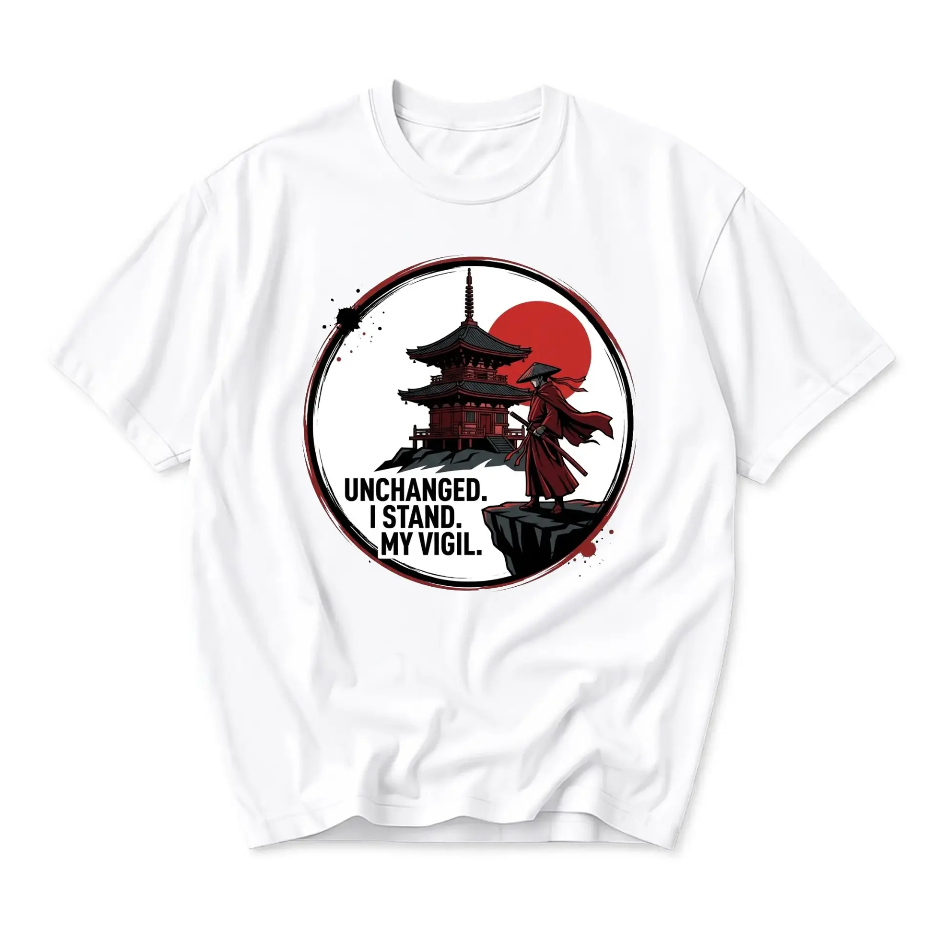Graphic Tee Unisex Crew Neck T-Shirt Featuring Japanese Warrior and Pagoda Temple Design for Casual Streetwear Fashion