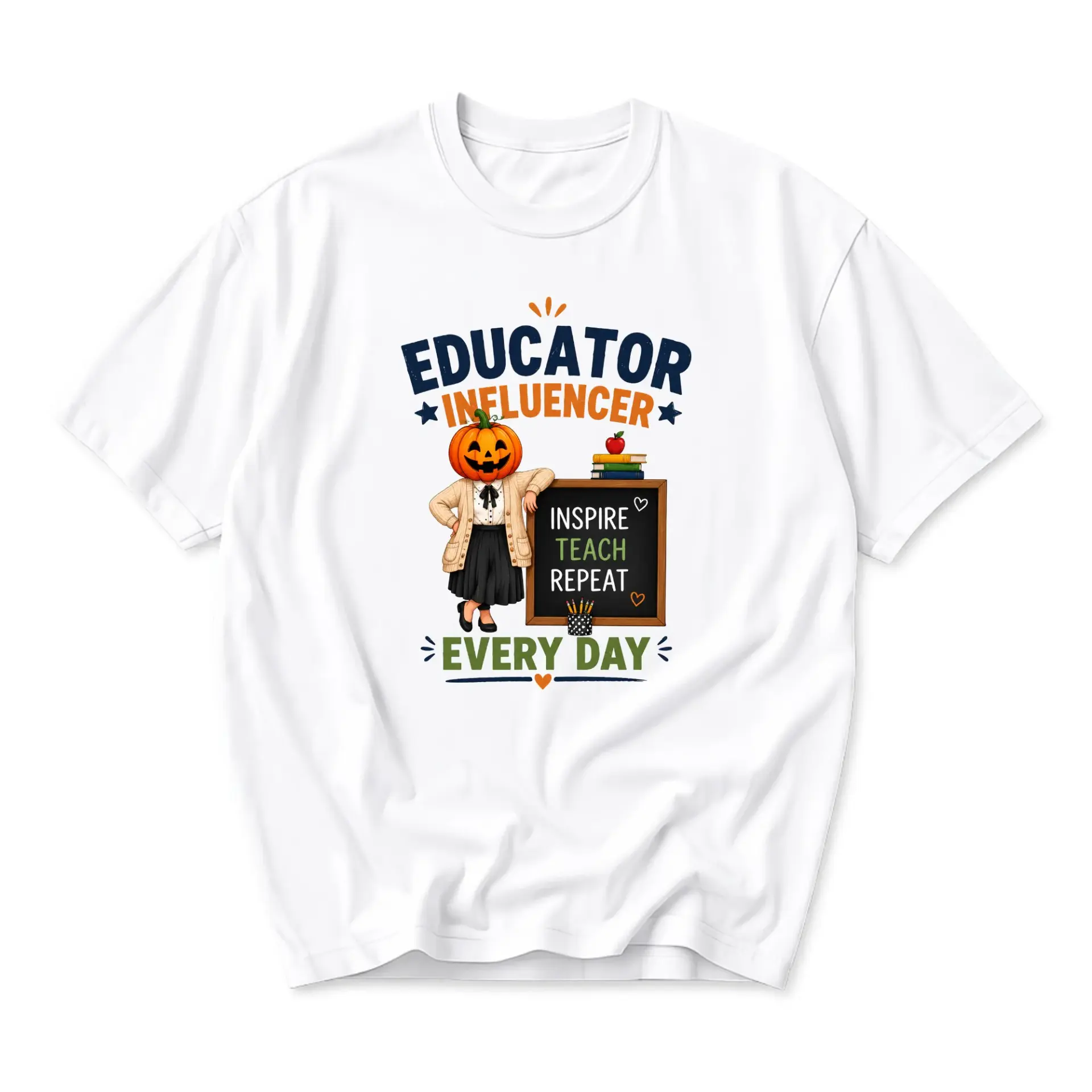 Graphic Tee Educator Influencer Pumpkin Head Shirt Retro Fall School Apparel Unisex Crew Neck Short Sleeve Top