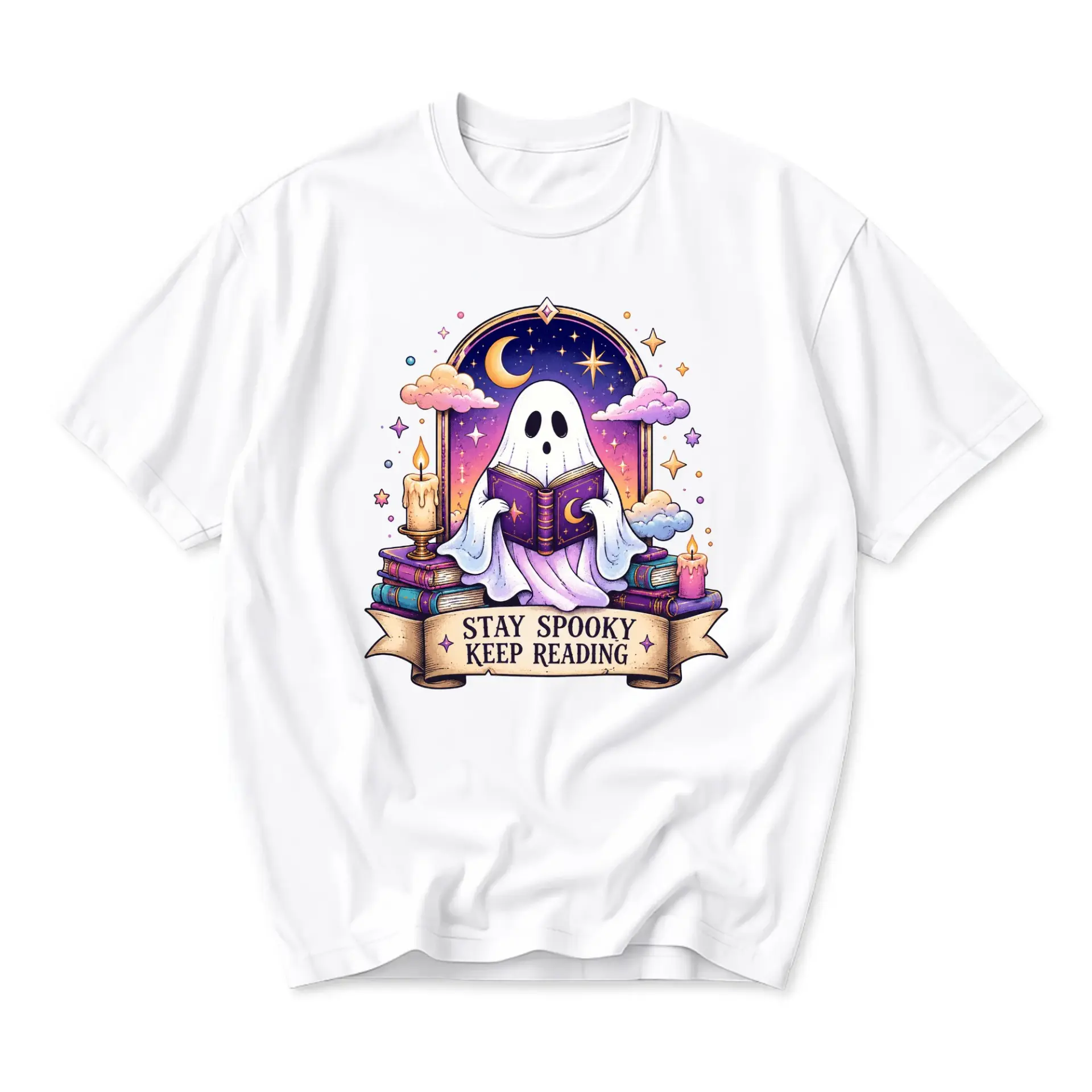 Graphic Tee Stay Spooky Keep Reading Ghost Reading Book Unisex Crew Neck Short Sleeve Casual Cotton Blend Shirt