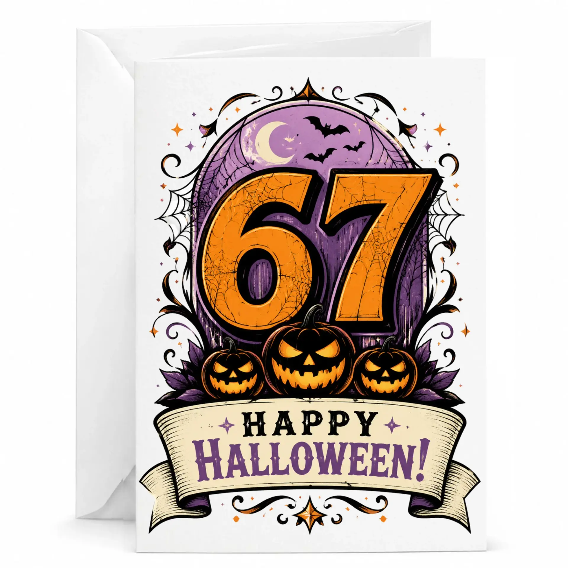 Happy Halloween 67 Greeting Card Festive Holiday Birthday Spooky Seasonal Pumpkin Design with Purple Moon