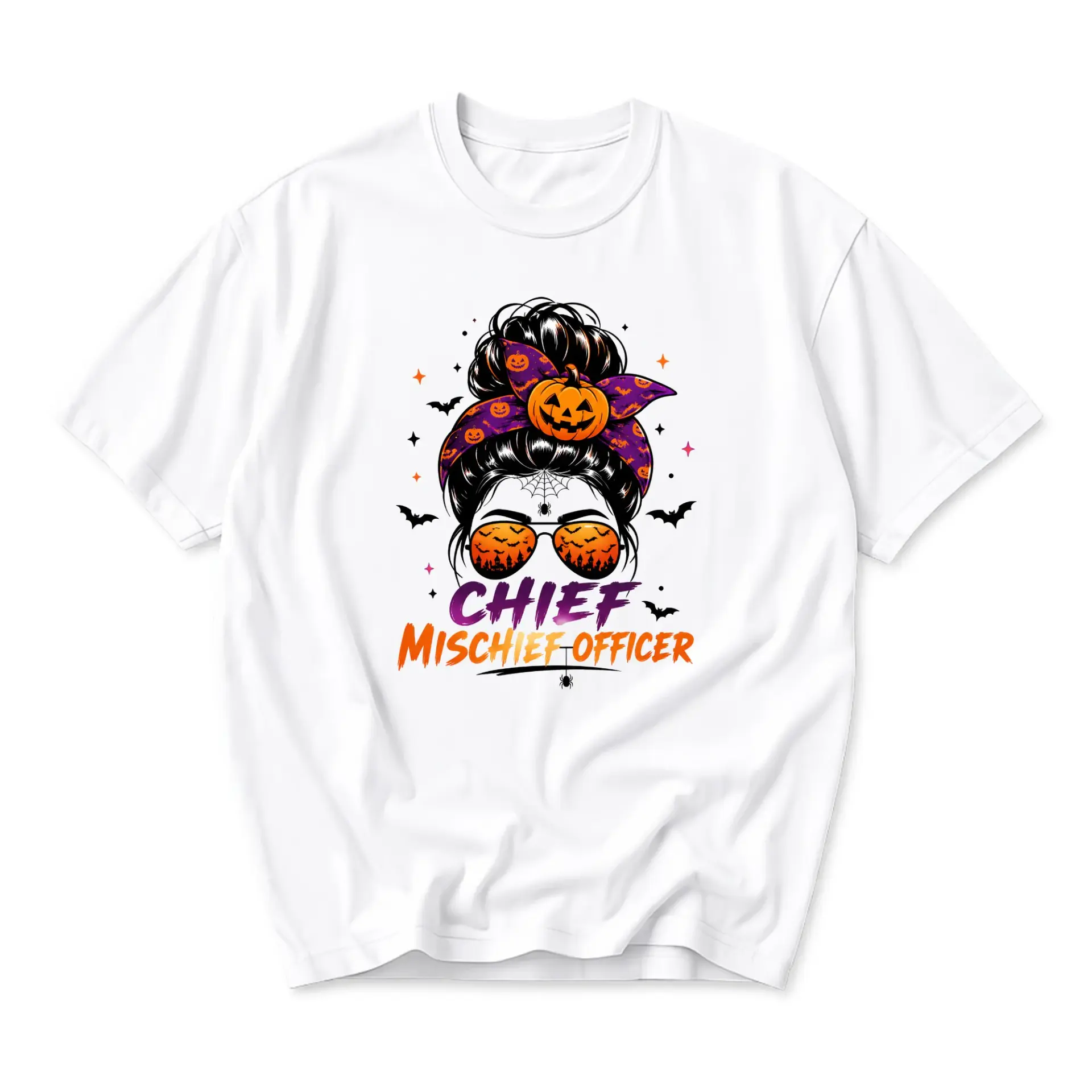 Funny Shirt Chief Mischief Officer Halloween Graphic Tee Featuring Messy Bun Girl with Pumpkin Headband Design