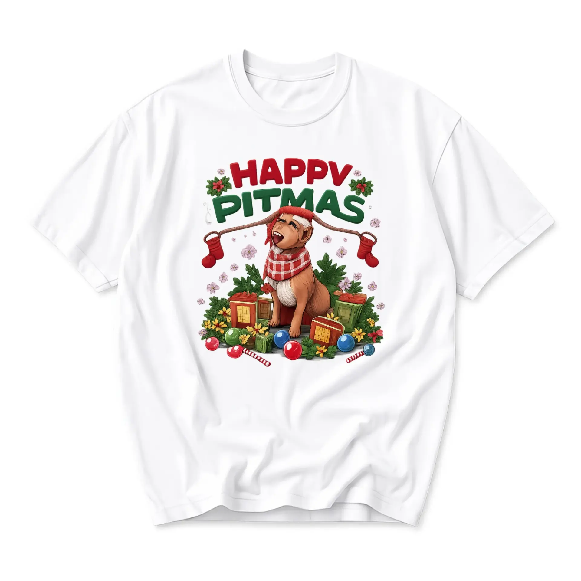 Funny Shirt Happy Pitmas Dog Graphic Tee Holiday Casual Unisex Crew Neck