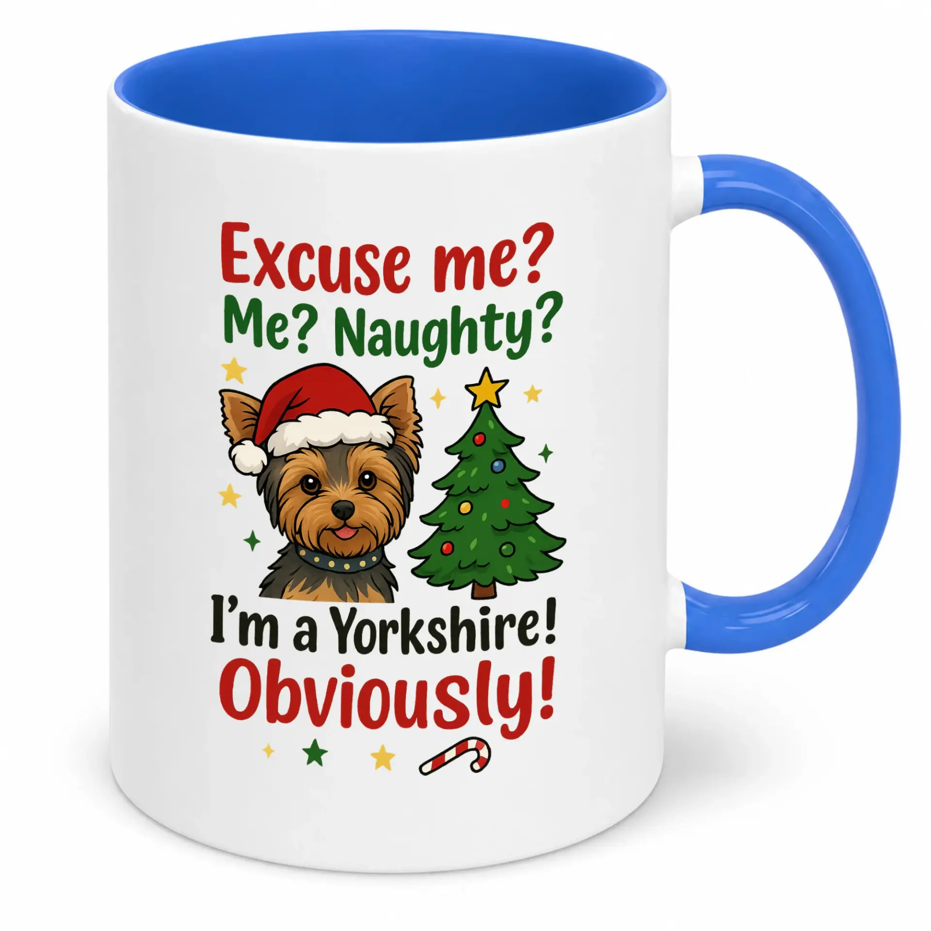Funny Yorkshire Terrier Christmas Coffee Mug with Santa Hat and Holiday Tree Design, Sarcastic Dog Lover Gift Ceramic Cup for Hot Beverages