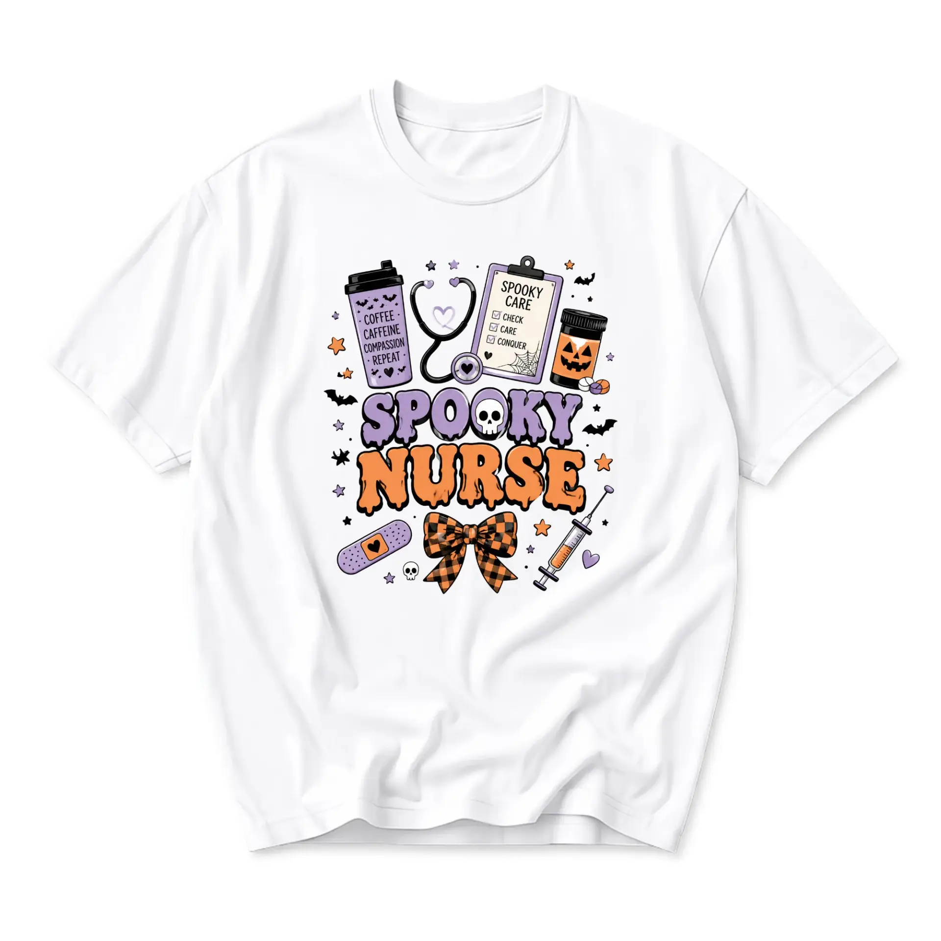 Graphic Tee Spooky Nurse Halloween Shirt Unisex Crew Neck Cotton Blend Top for Medical Professionals and Casual Wear