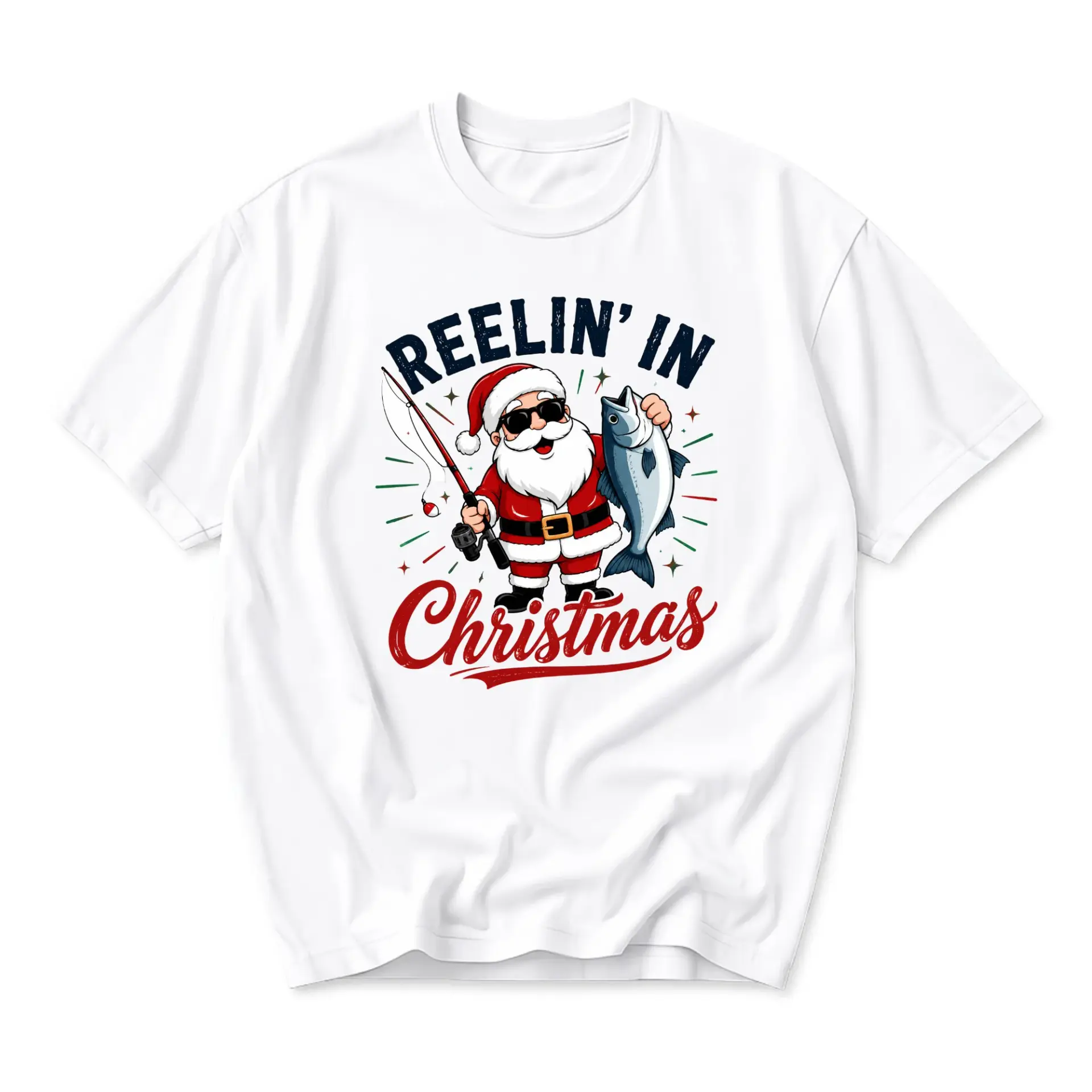 Graphic Tee Reelin in Christmas Santa Fishing Unisex T-Shirt Funny Holiday Seasonal Apparel for Casual Outfits