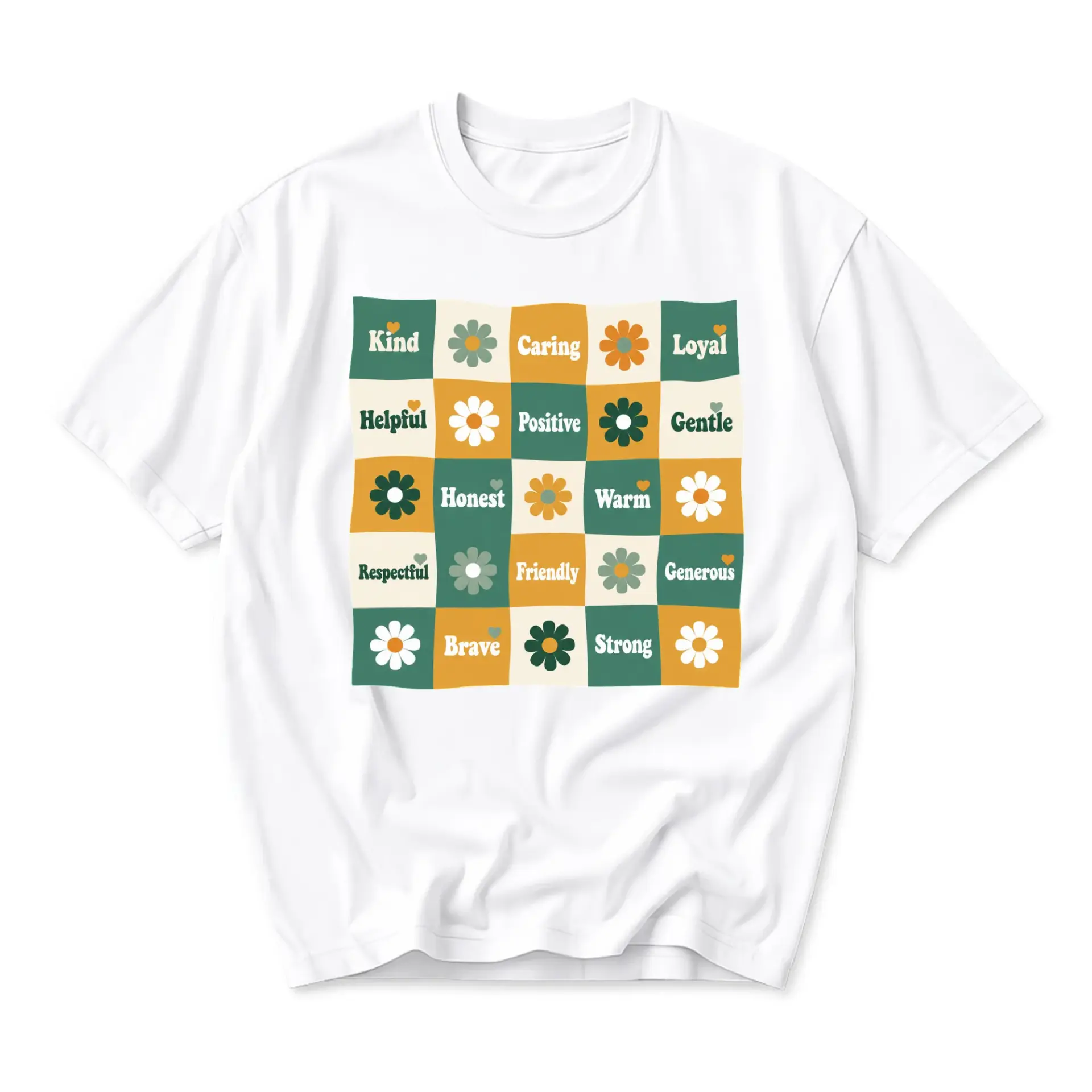 Graphic Tee Unisex Crew Neck Shirt Positive Vibes Floral Checkerboard Print Casual Everyday Apparel for Men and Women