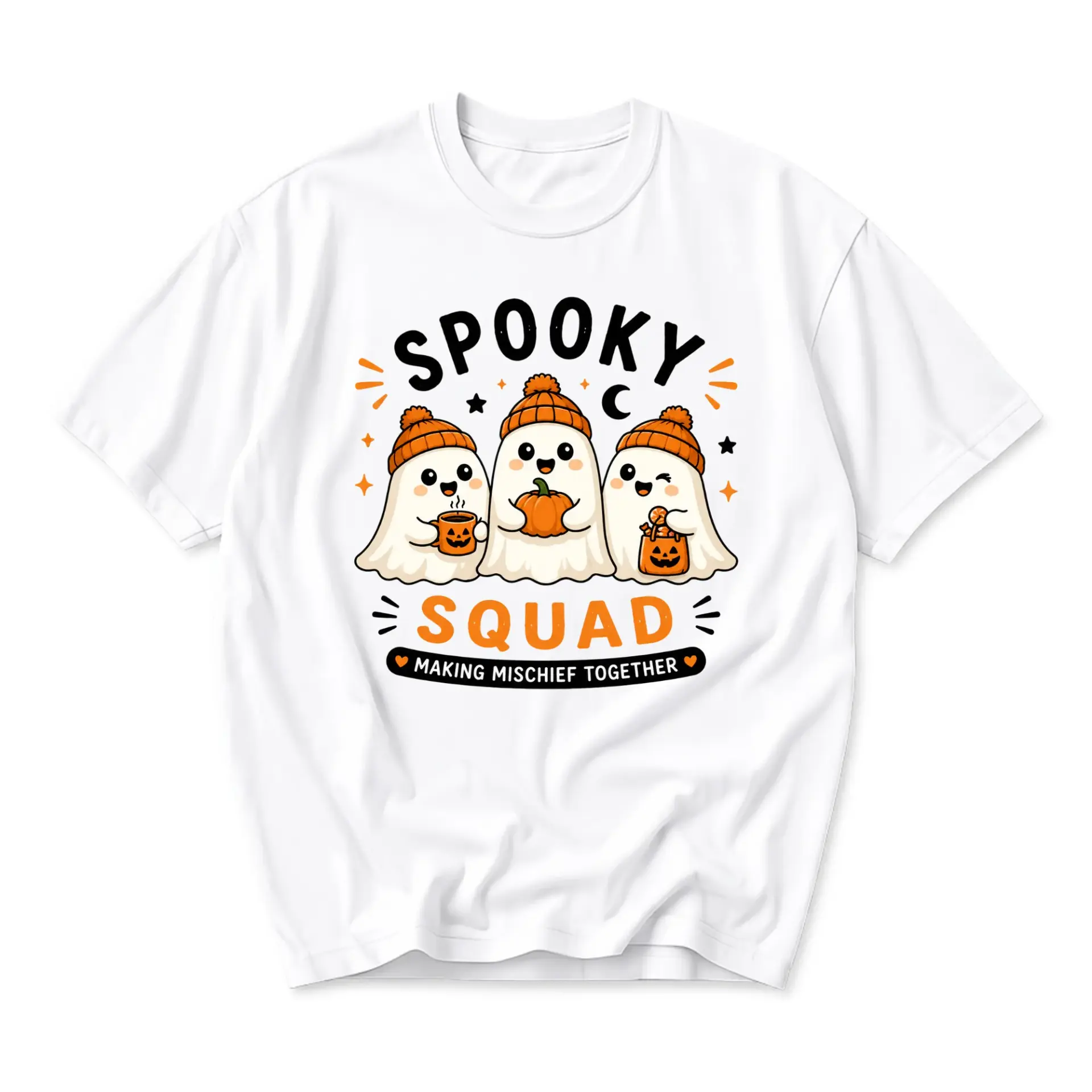 Funny Shirt Spooky Squad Ghost Graphic Tee Casual Unisex Crew Neck Top for Halloween Seasonal Festive Everyday Wear White