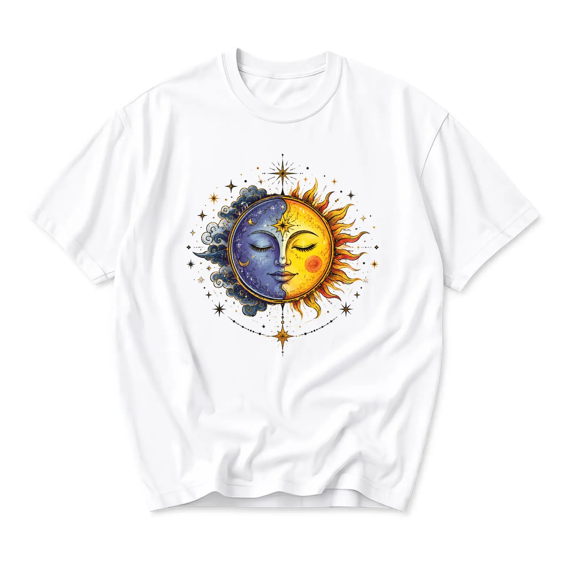 Graphic Tee Celestial Sun and Moon Face Print Unisex Short Sleeve Casual Crew Neck Cotton Blend Apparel Top White