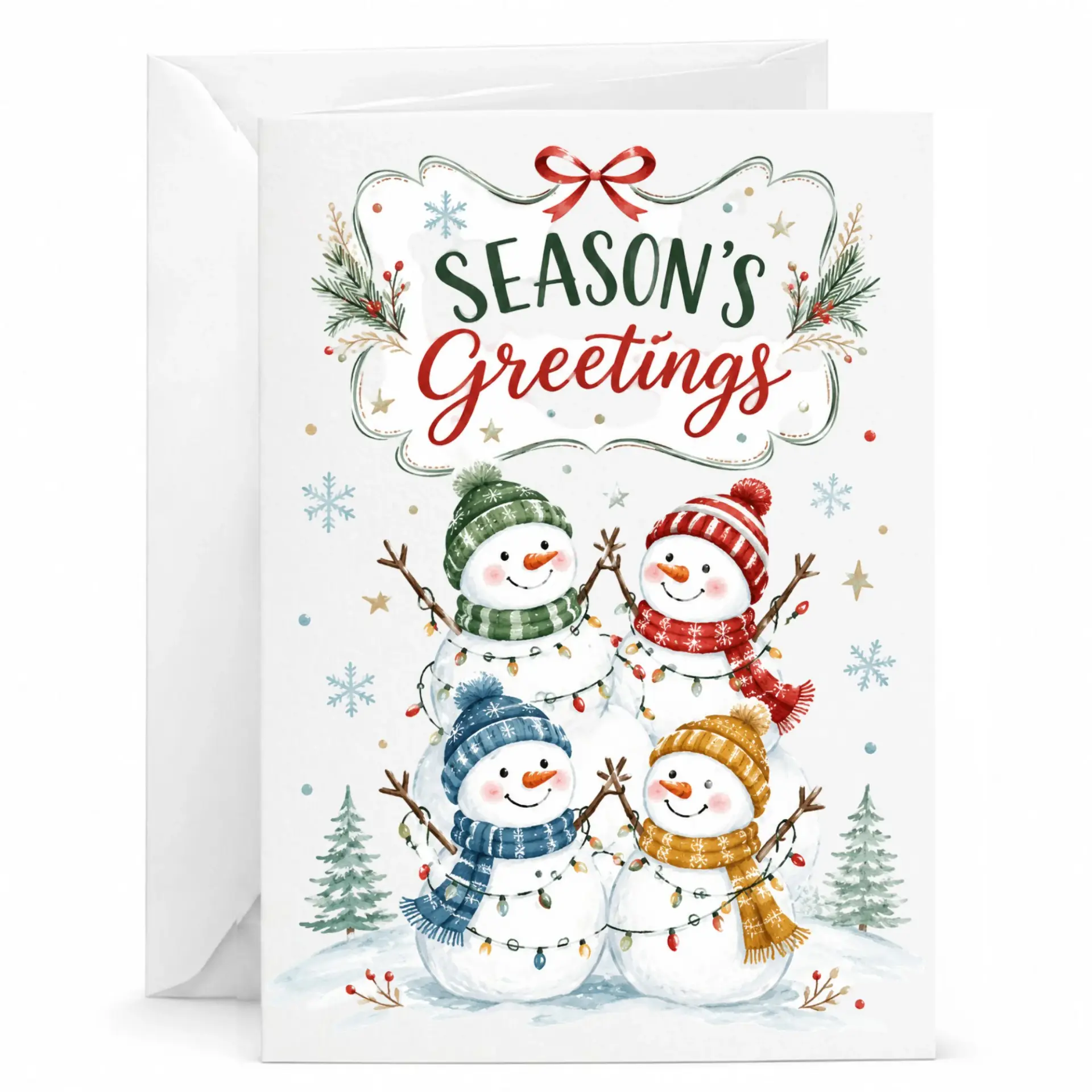 Holiday Season's Greetings Card Featuring Festive Snowmen Illustration on Heavyweight Paper with Matching Envelope