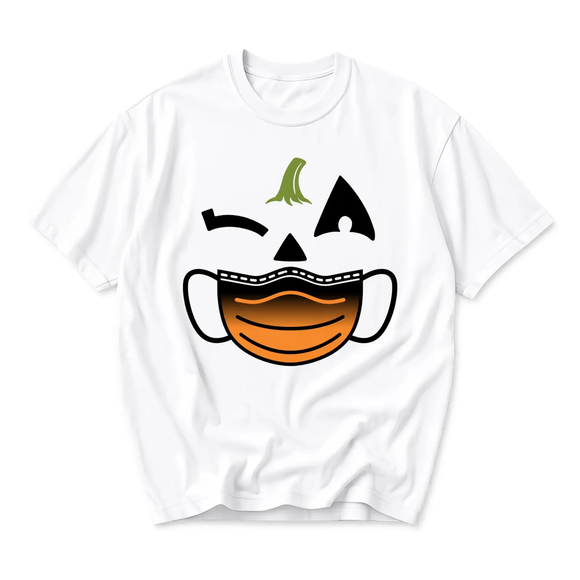 Graphic Tee Unisex Crew Neck T-Shirt Featuring Winking Pumpkin Jack O Lantern Face Design for Autumn Holiday Apparel
