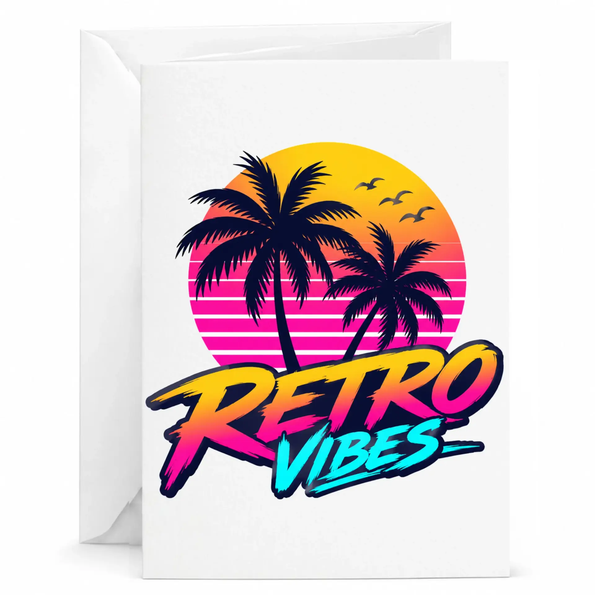 Retro Vibes Greeting Card with Sunset Palm Tree Design Aesthetic Tropical Beach Style Note for All Occasions 5x7 Inches