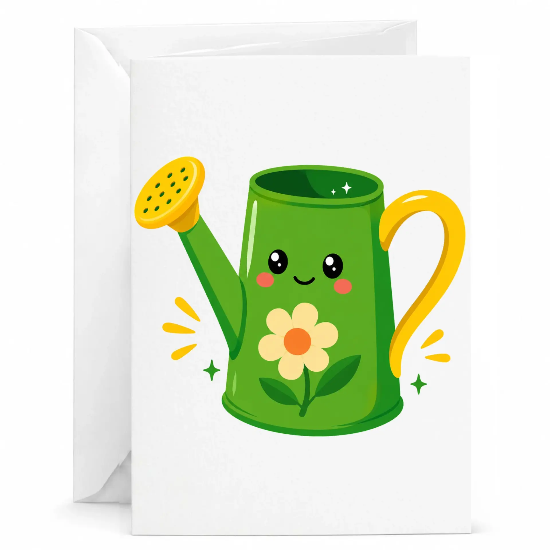 Greeting Card Cute Green Watering Can Illustration with Flower for Springtime and Gardening Enthusiast Occasions