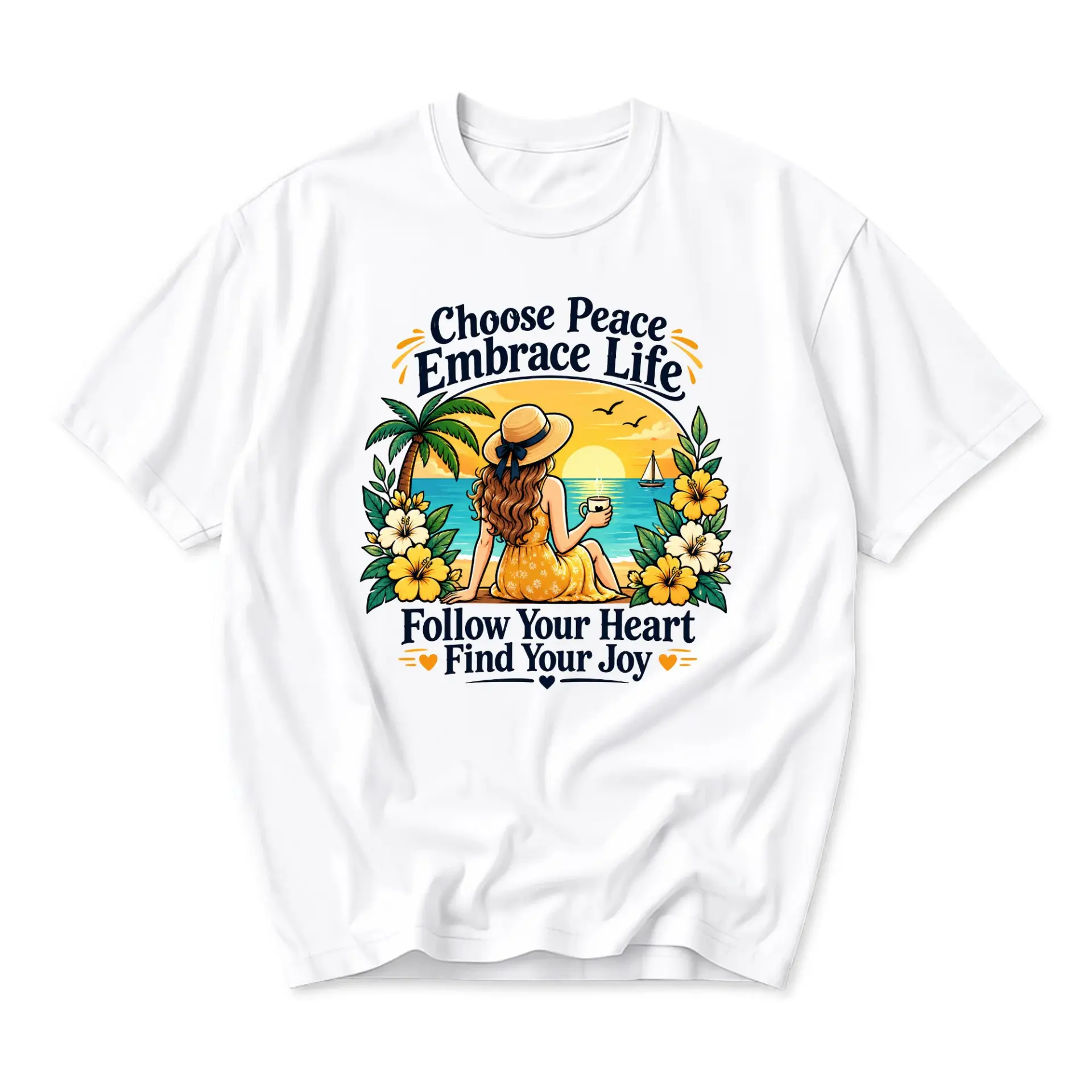 Graphic Tee Choose Peace Embrace Life Tropical Sunset Beach Shirt Unisex Casual Everyday Wear Short Sleeve Top
