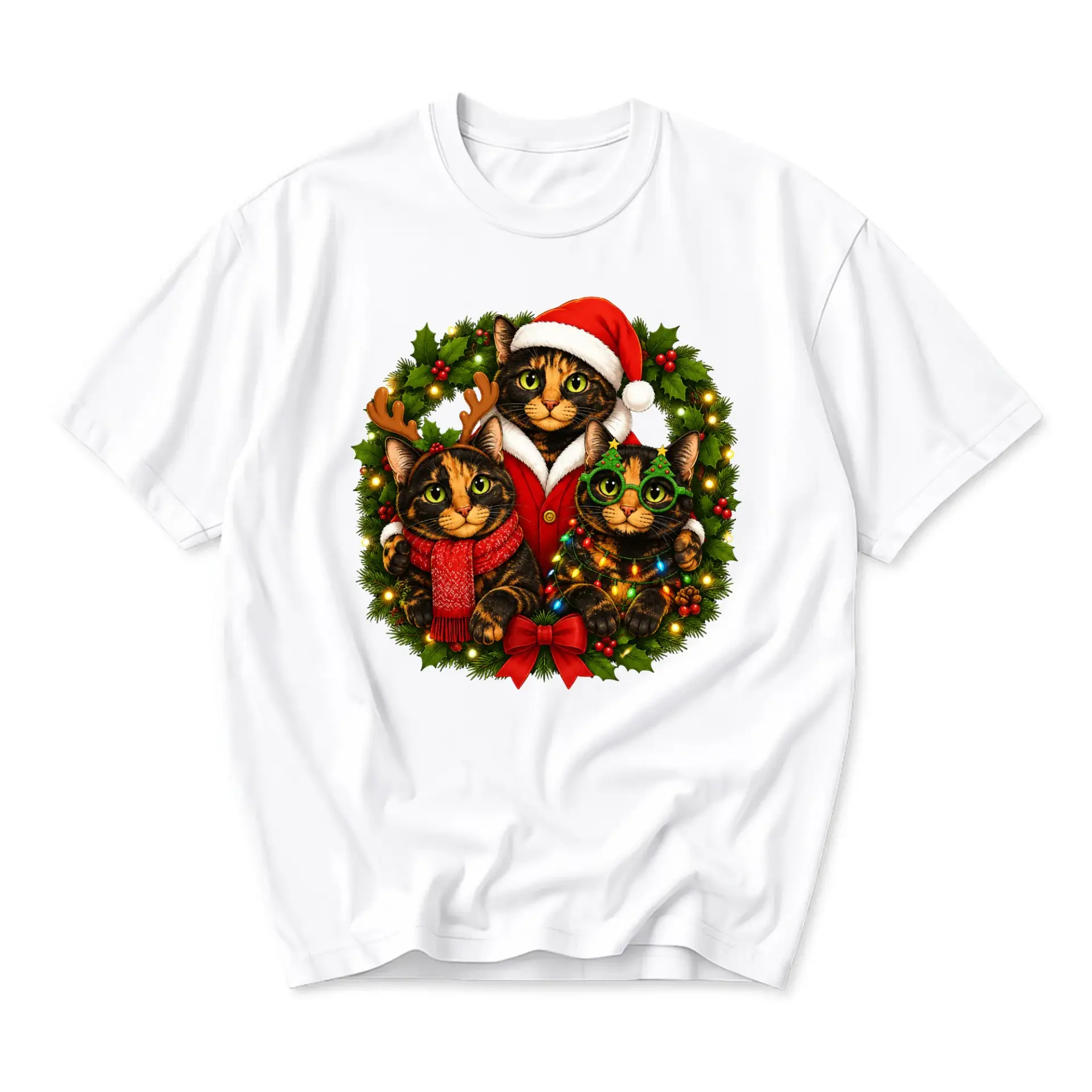 Graphic Tee Christmas Cat Wreath Unisex T-Shirt Holiday Theme Casual Everyday Apparel Festive Feline Crew Neck Shirt