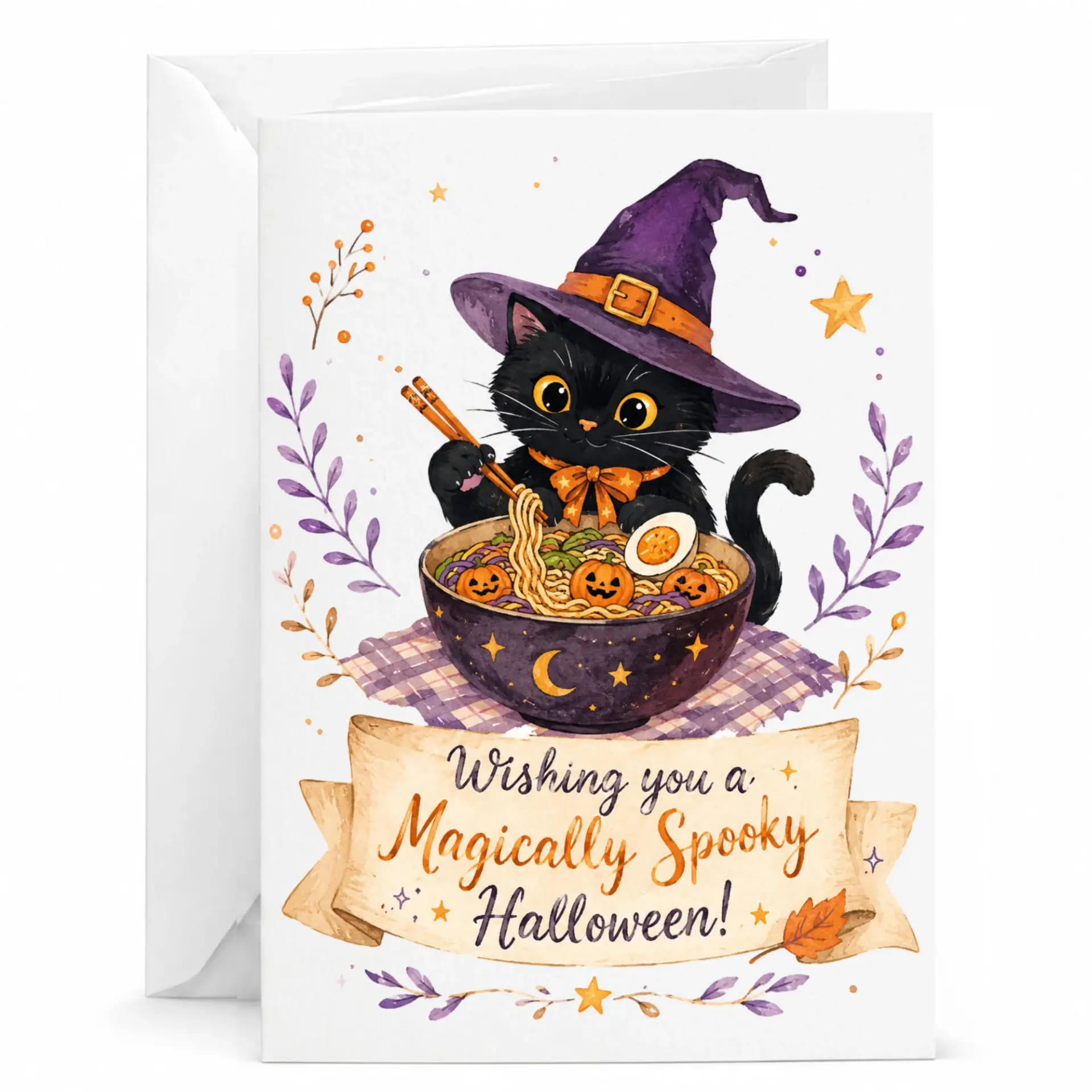 Funny Cat Halloween Greeting Card Spooky Witch Kitten with Ramen Bowl Illustration Whimsical Seasonal Holiday Stationery