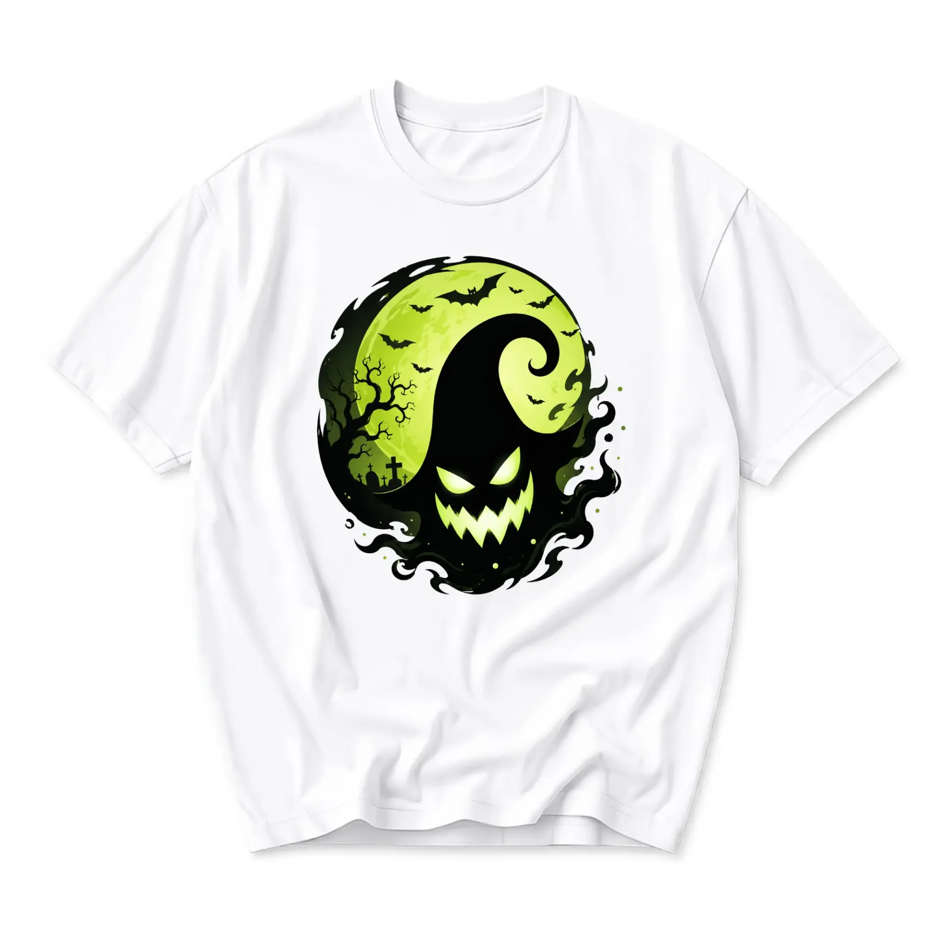 Graphic Tee Unisex Crew Neck Short Sleeve Shirt Featuring a Spooky Green Moon and Shadowy Ghost Illustration