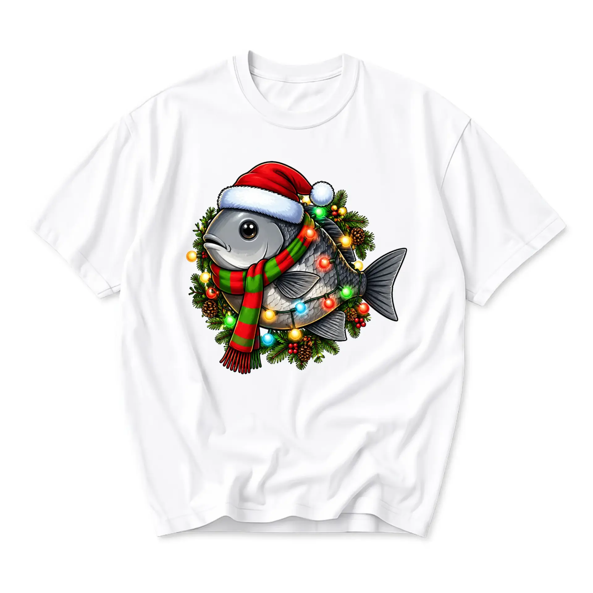 Graphic Tee Christmas Fish T-Shirt Holiday Animal Print Casual Unisex Crew Neck Top Soft Cotton Everyday Apparel