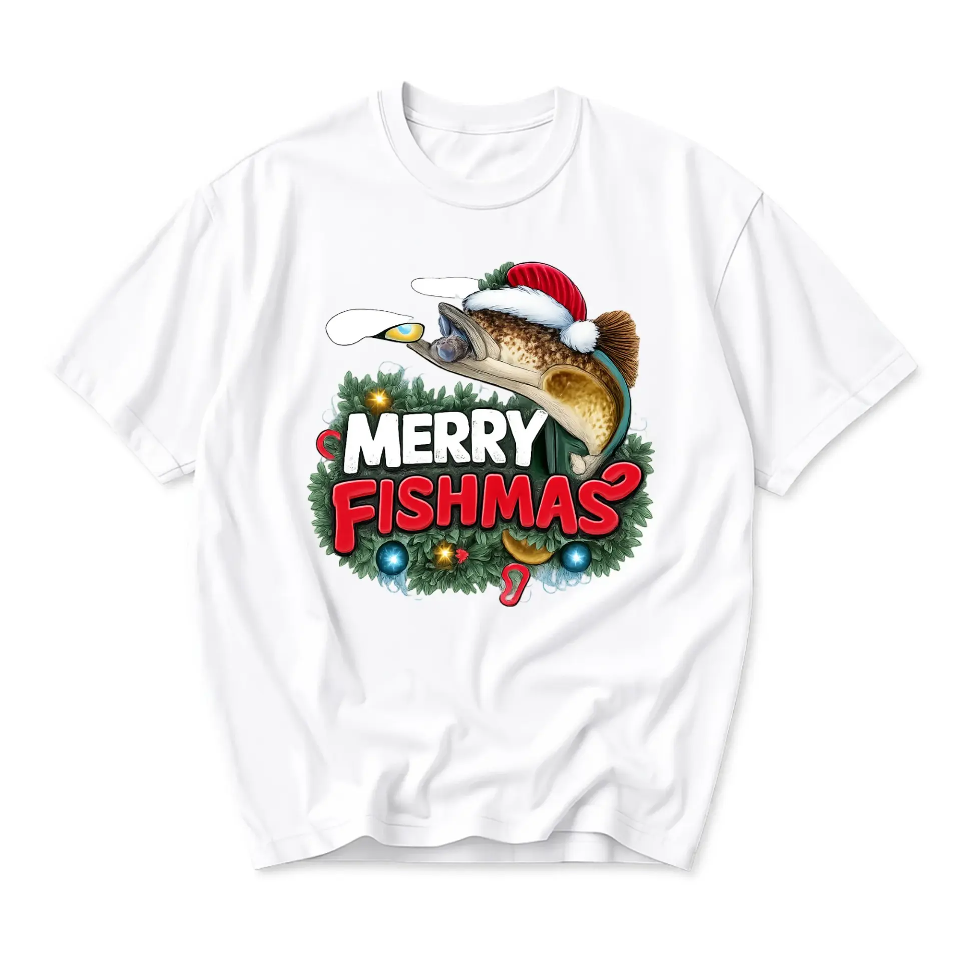 Funny Shirt Merry Fishmas Holiday Graphic Tee Featuring a Fishing Theme Design for Casual Wear and Festive Outfit Needs
