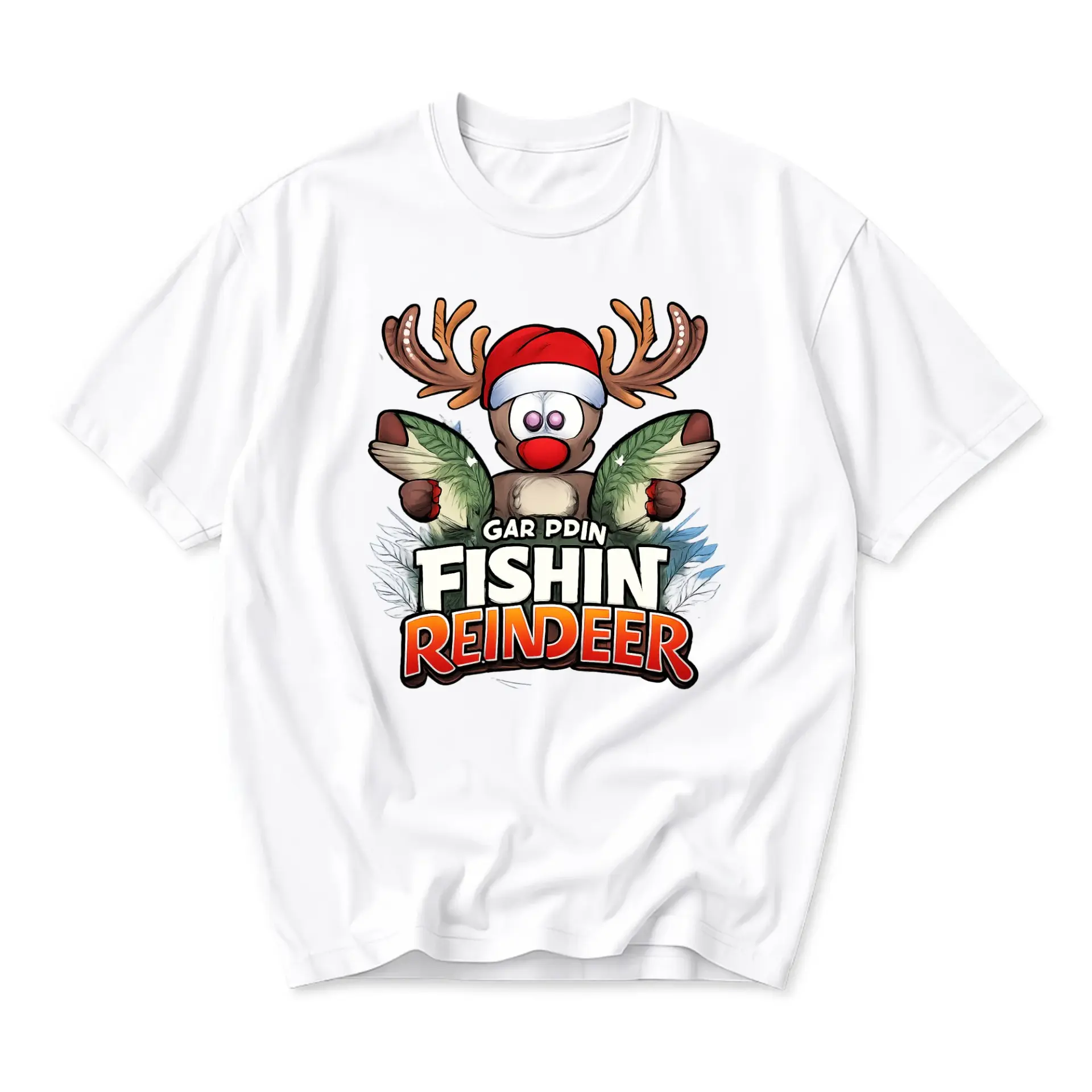 Funny Shirt Reindeer Fishing Graphic Tee Unisex Casual Crew Neck Holiday