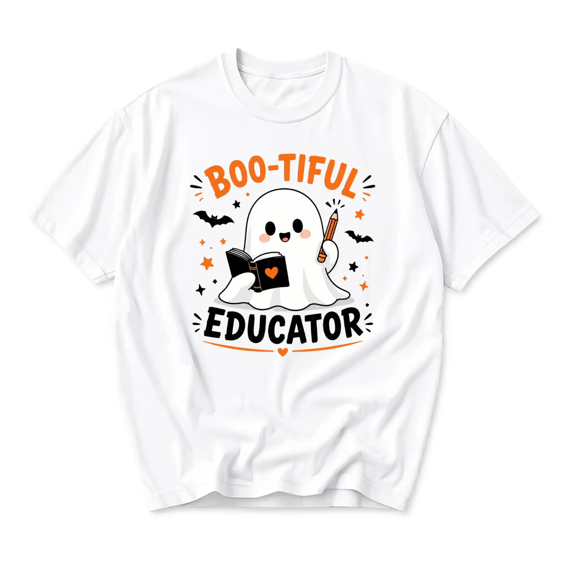 Graphic Tee Boo-Tiful Educator Ghost Reading Book Print Unisex Crew Neck Casual Everyday Short Sleeve Cotton Shirt