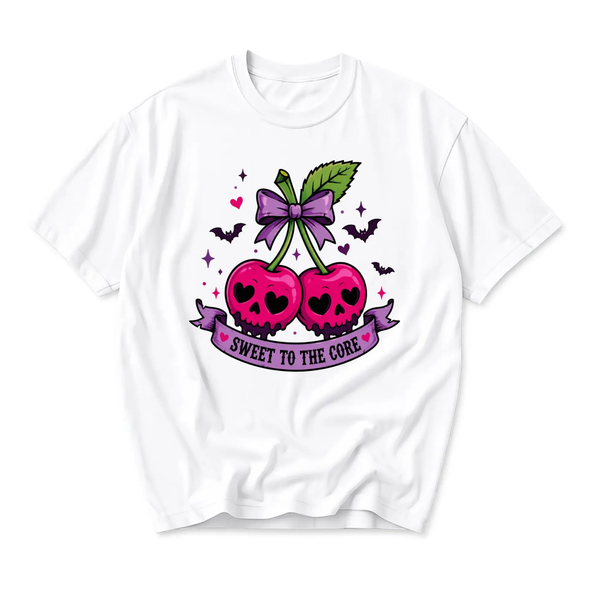 Graphic Tee Sweet to the Core Cherry Skull Unisex Cotton Crew Neck Short Sleeve Shirt for Casual Everyday Wear