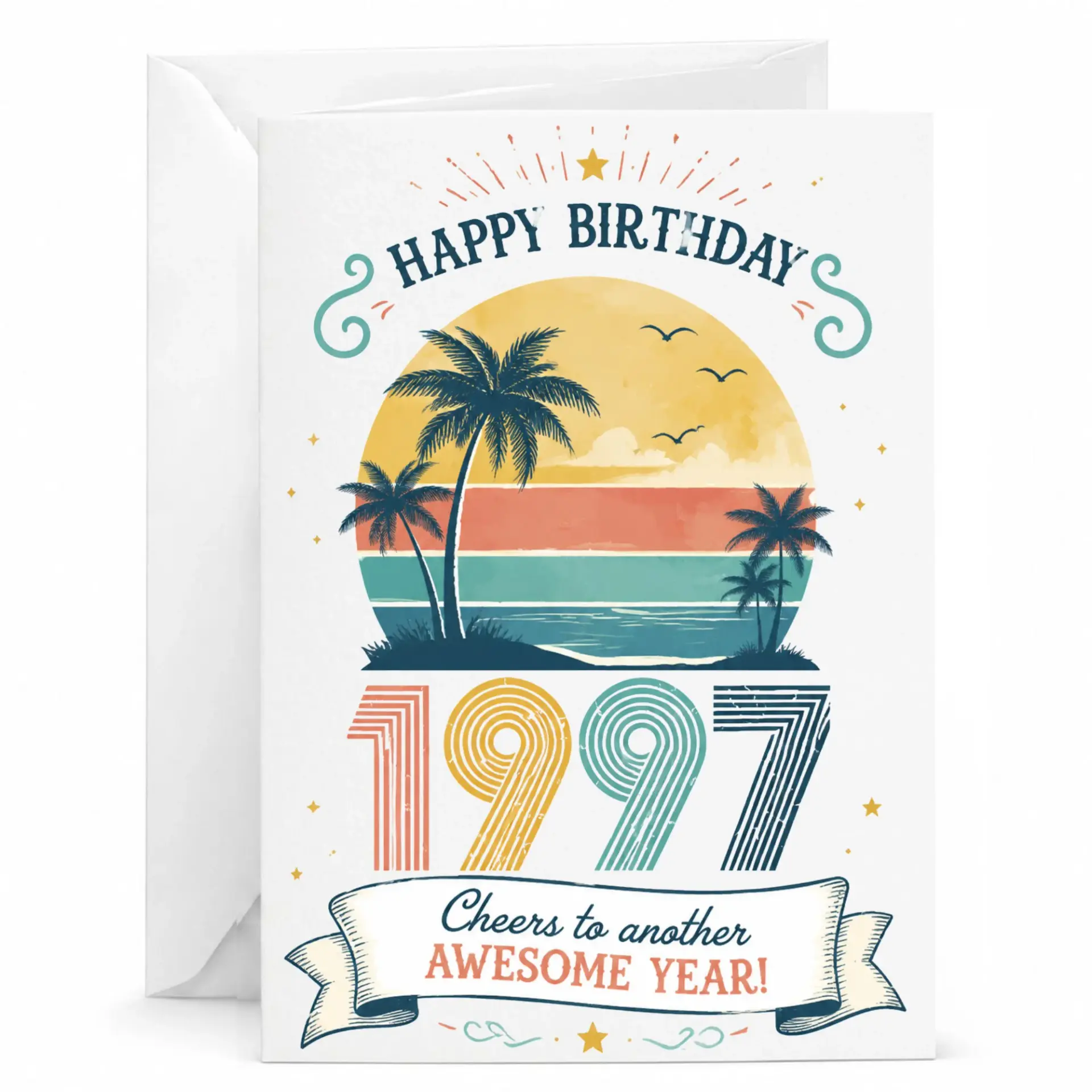 Birthday Card 1997 Tropical Sunset Vintage Style Greeting Card for Birthday Celebration Milestone Anniversary Party
