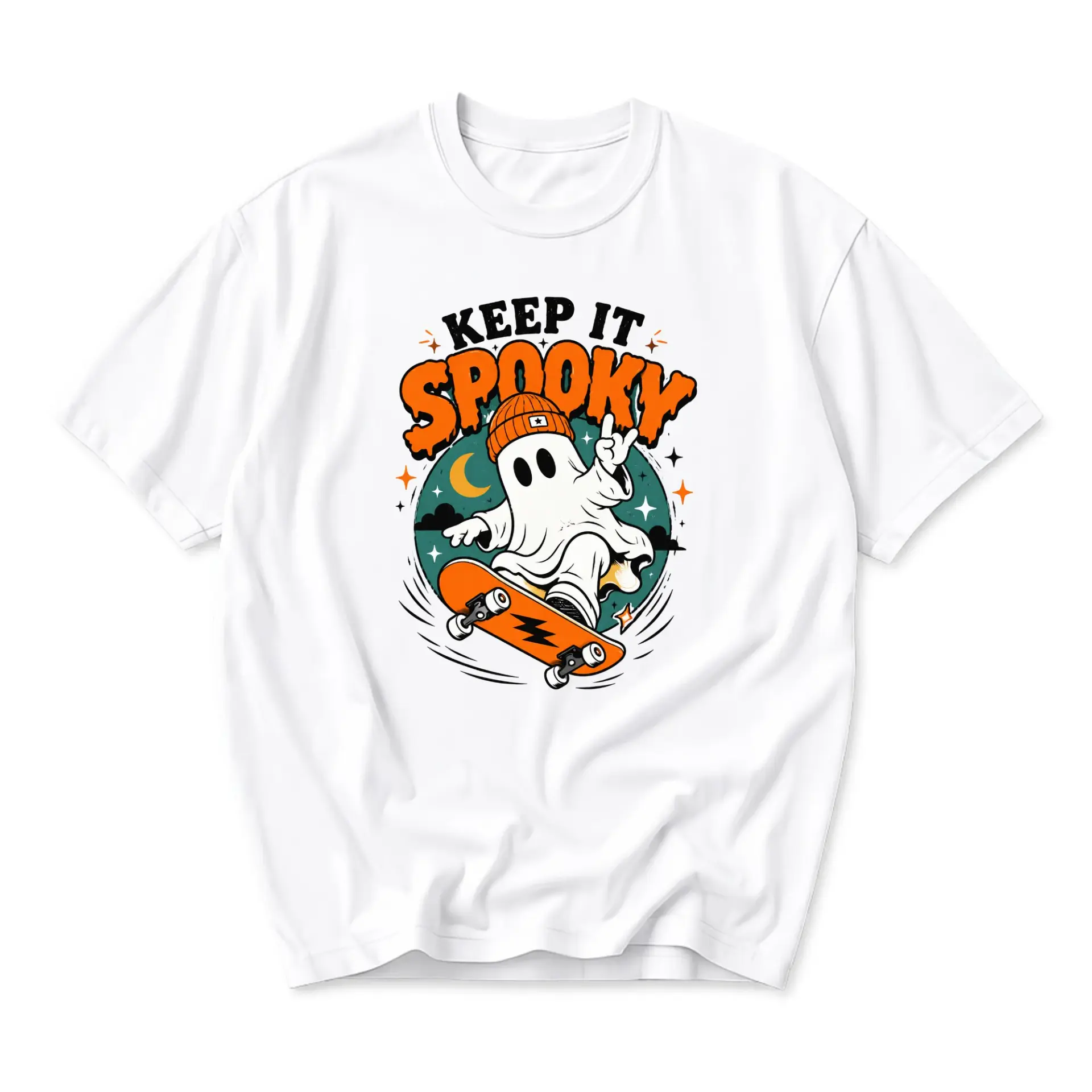 Graphic Tee Keep It Spooky Skater Ghost Unisex Crew Neck T-Shirt Soft Cotton Blend Casual Everyday Apparel Shirt
