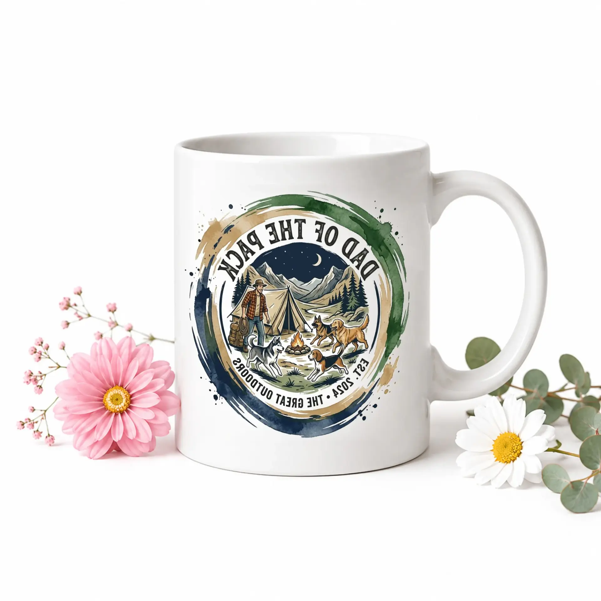 Funny Camping Adventure Coffee Mug Dad of Gift Featuring Artistic Mountain and Pet Dog Nature Illustration
