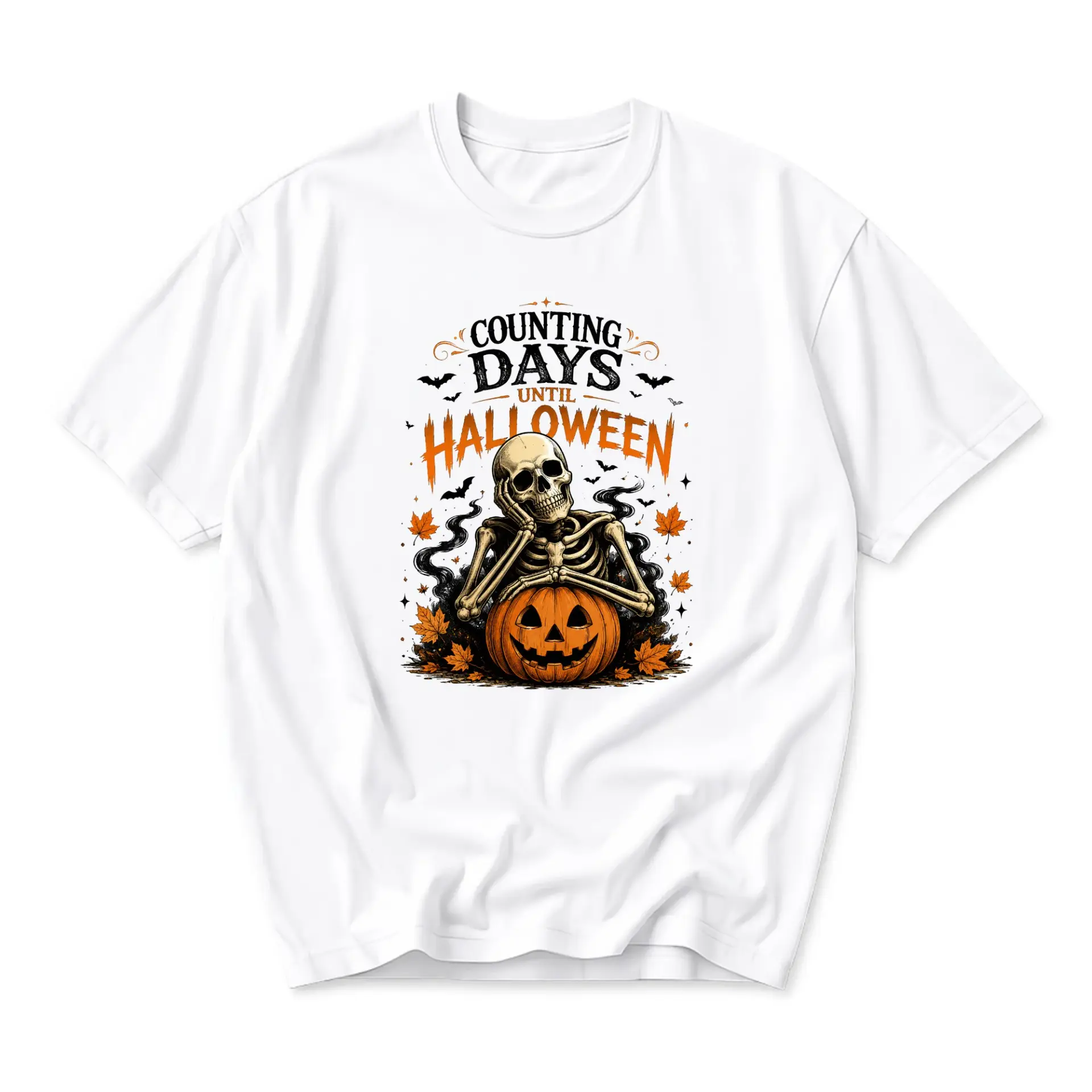 Graphic Tee Counting Days Until Halloween Skeleton T-Shirt Unisex Crew Neck Fall Seasonal Apparel White Shirt