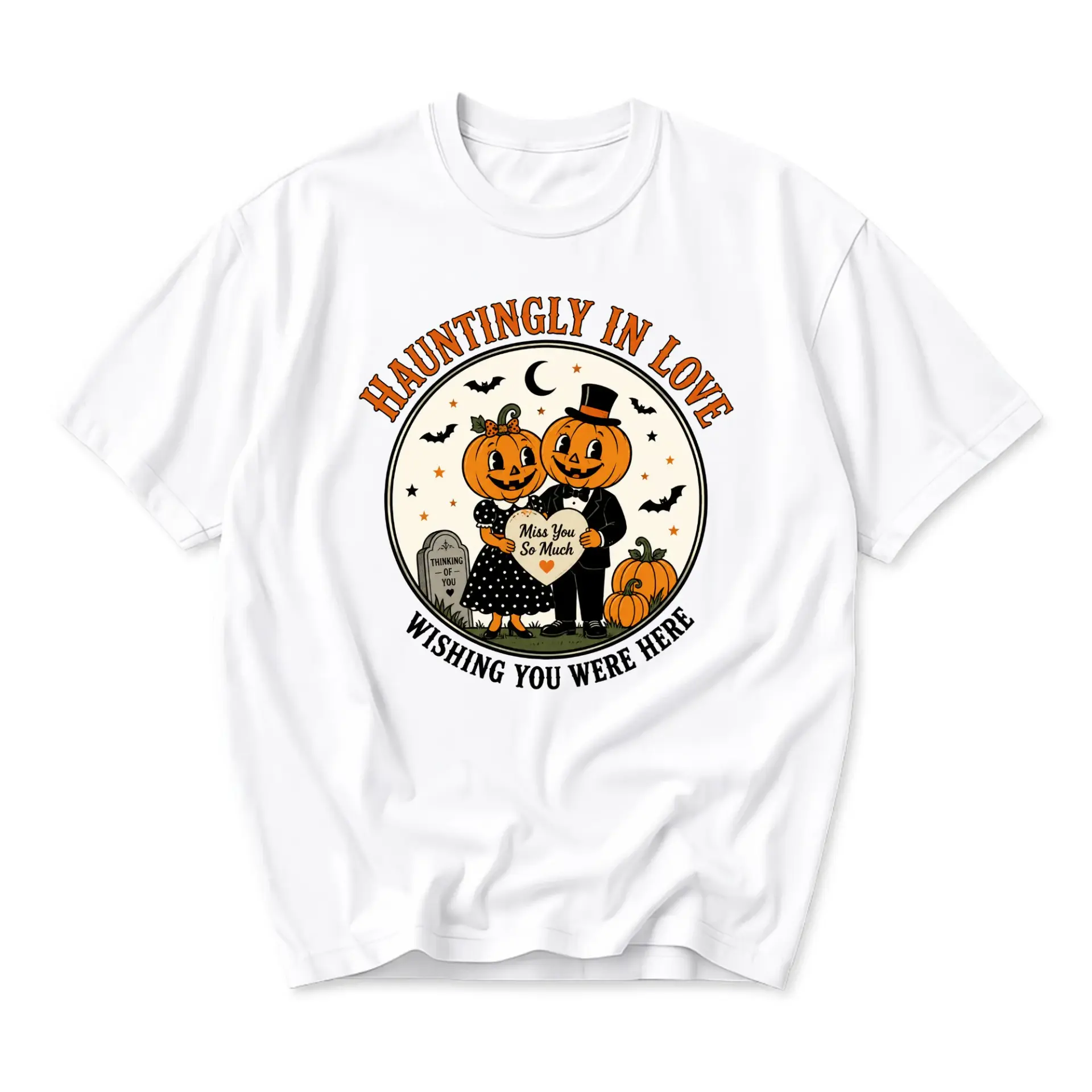 Graphic Tee Hauntingly in Love Pumpkin Couple Halloween Shirt Unisex Crew Neck Everyday Casual Apparel White
