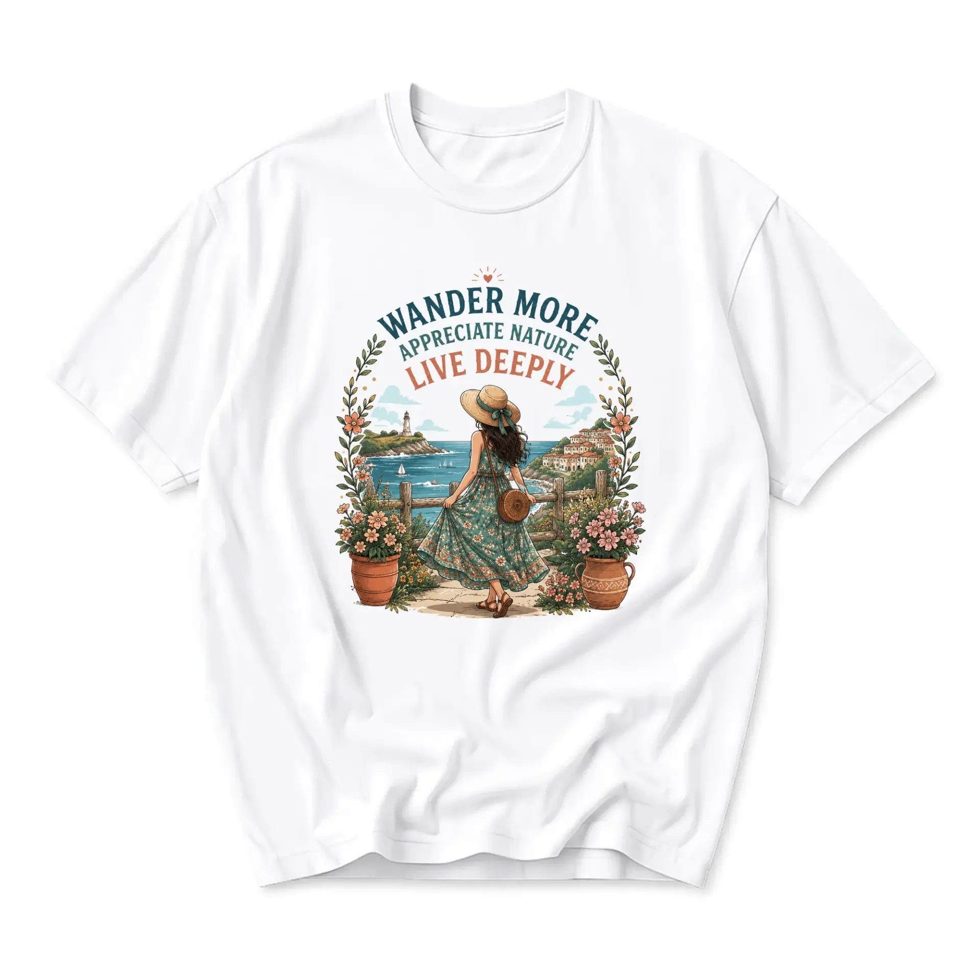 Graphic Tee Wander More Live Deeply Nature Shirt Travel Aesthetic T-Shirt Coastal Landscape Casual Cotton Top
