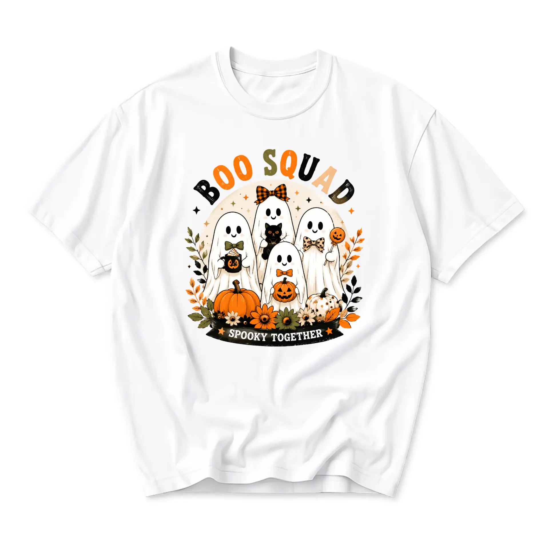 Funny Shirt Boo Squad Spooky Together Graphic Tee Casual Halloween Unisex Crew Neck Cotton Blend Apparel Soft Top