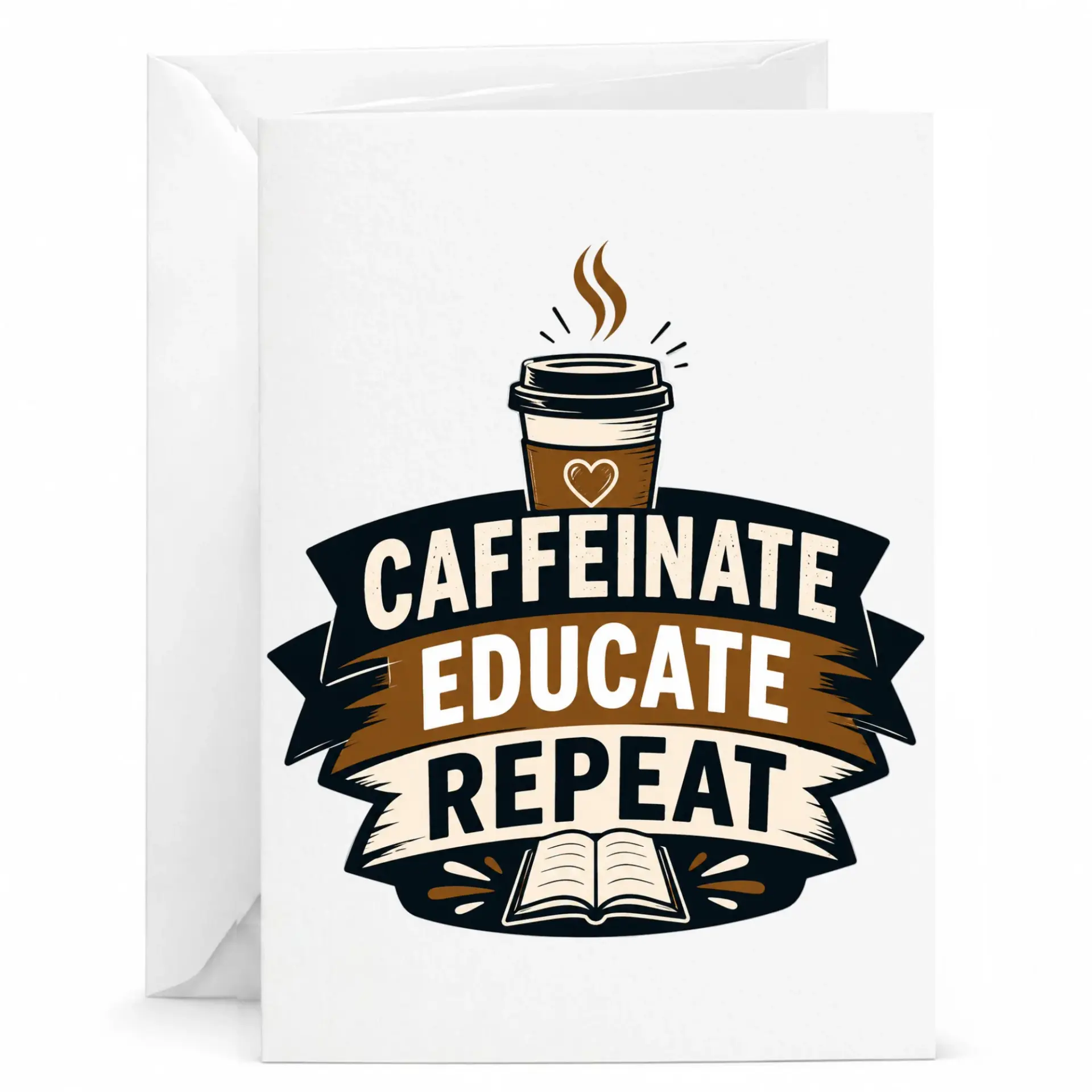 Funny Caffeinate Educate Repeat Greeting Card for Teachers and Coffee Lovers with Matching White Envelope 5x7 Inches