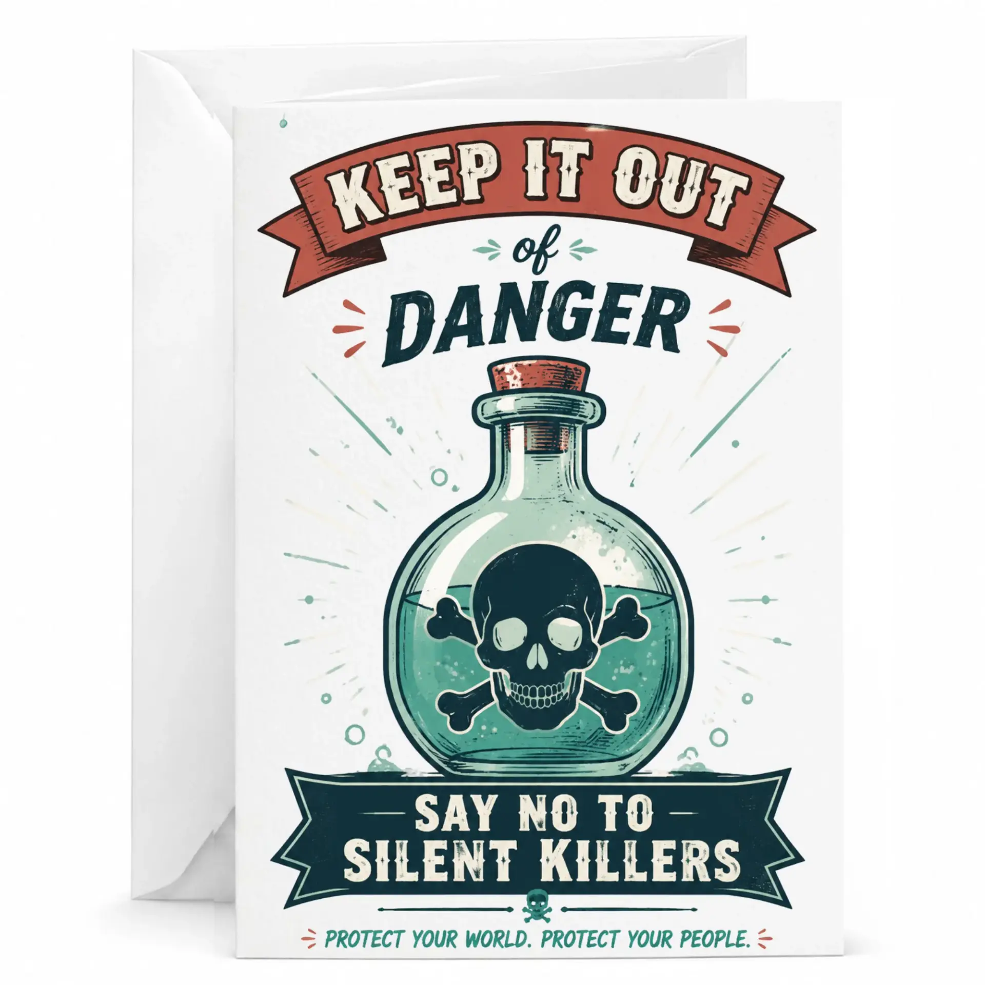 Funny Skull Warning Greeting Card, Retro Poison Bottle Graphic Stationery, Unique Gothic Style Note Card for Any Occasion