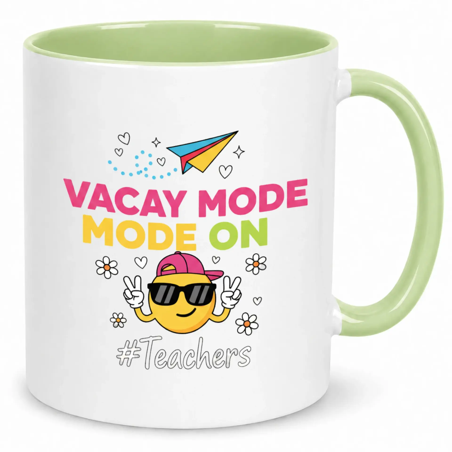 Funny Teacher Appreciation Ceramic Coffee Mug, Vacay Mode Mode on Enthusiastic Emoji Design Cup for End of Year Gift