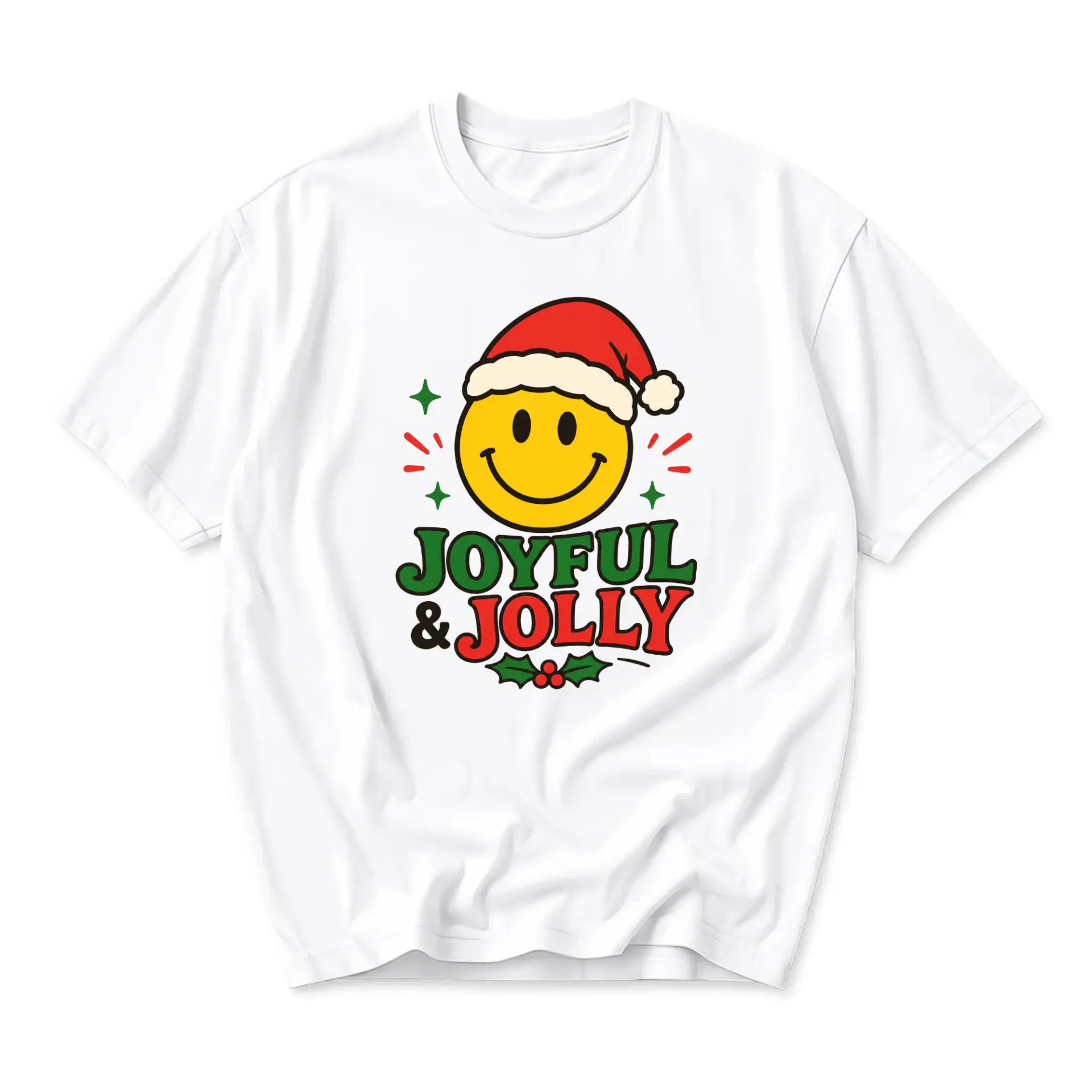 Graphic Tee Joyful and Jolly Holiday Smiley Face Print Unisex Crew Neck Casual Cotton Blend Short Sleeve Shirt
