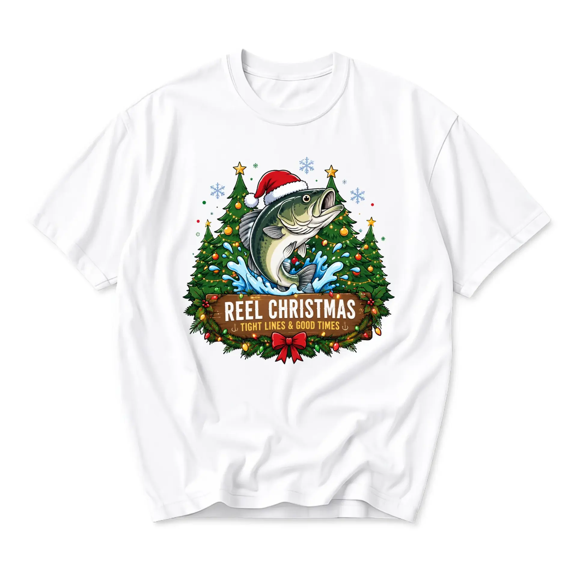 Funny Shirt Reel Christmas Fishing Graphic Tee Holiday Bass Fish Lover Gift Casual Unisex Crew Neck T-Shirt White