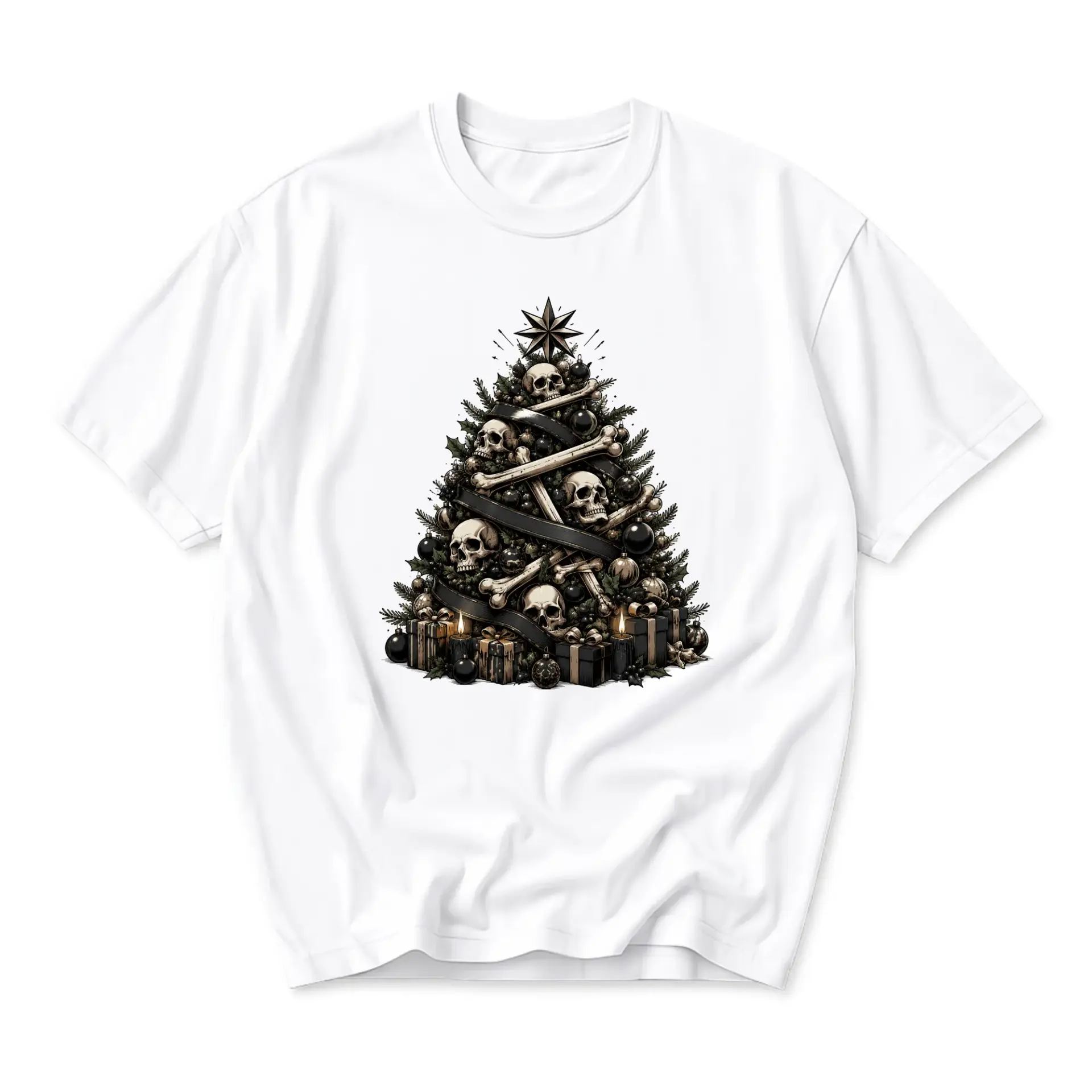 Graphic Tee Unisex Christmas Tree Skull Illustration Gothic Holiday Crew Neck Casual Short Sleeve Apparel White