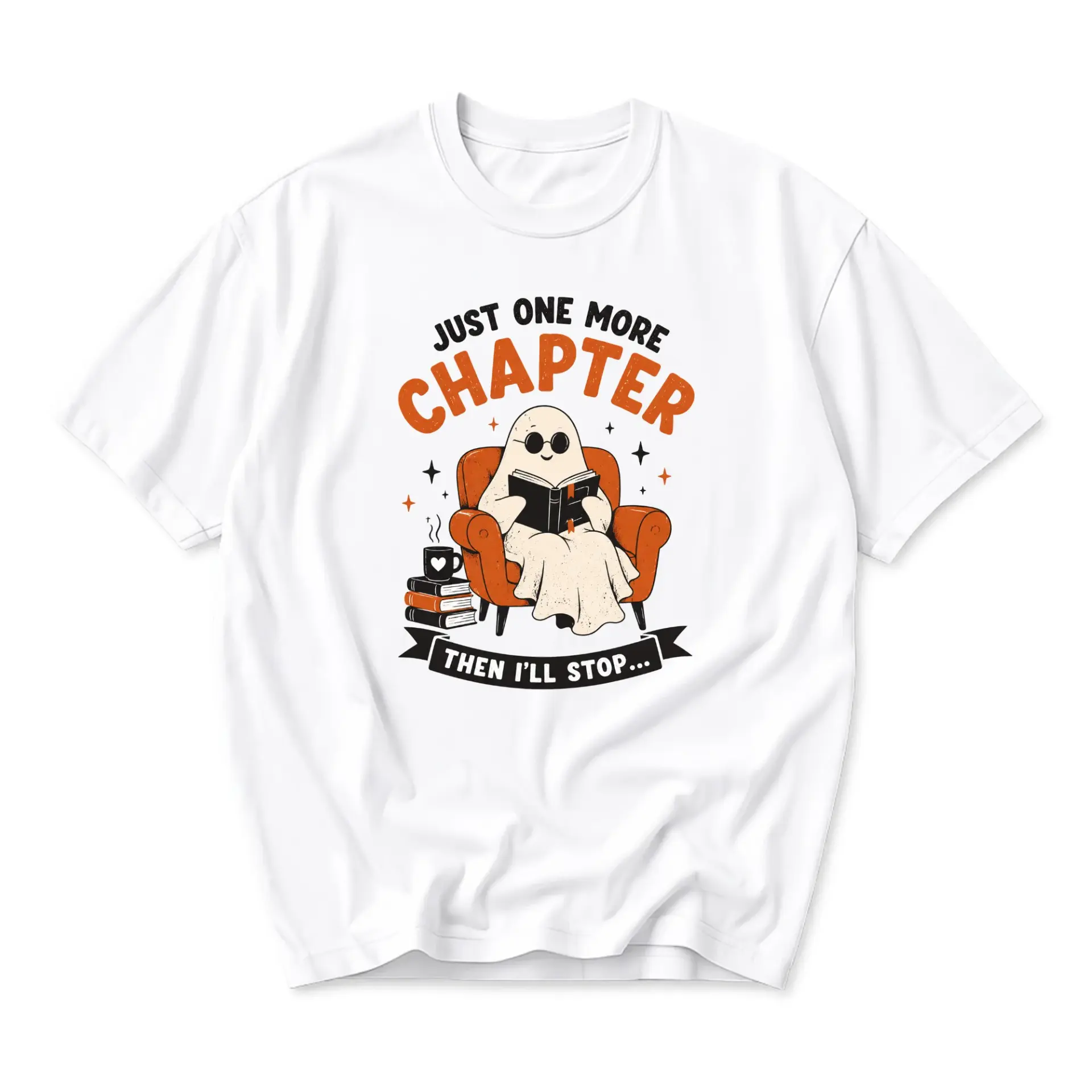 Funny Shirt Just One More Chapter Ghost Reading Book Unisex Graphic Printed T-Shirt Casual Everyday Apparel