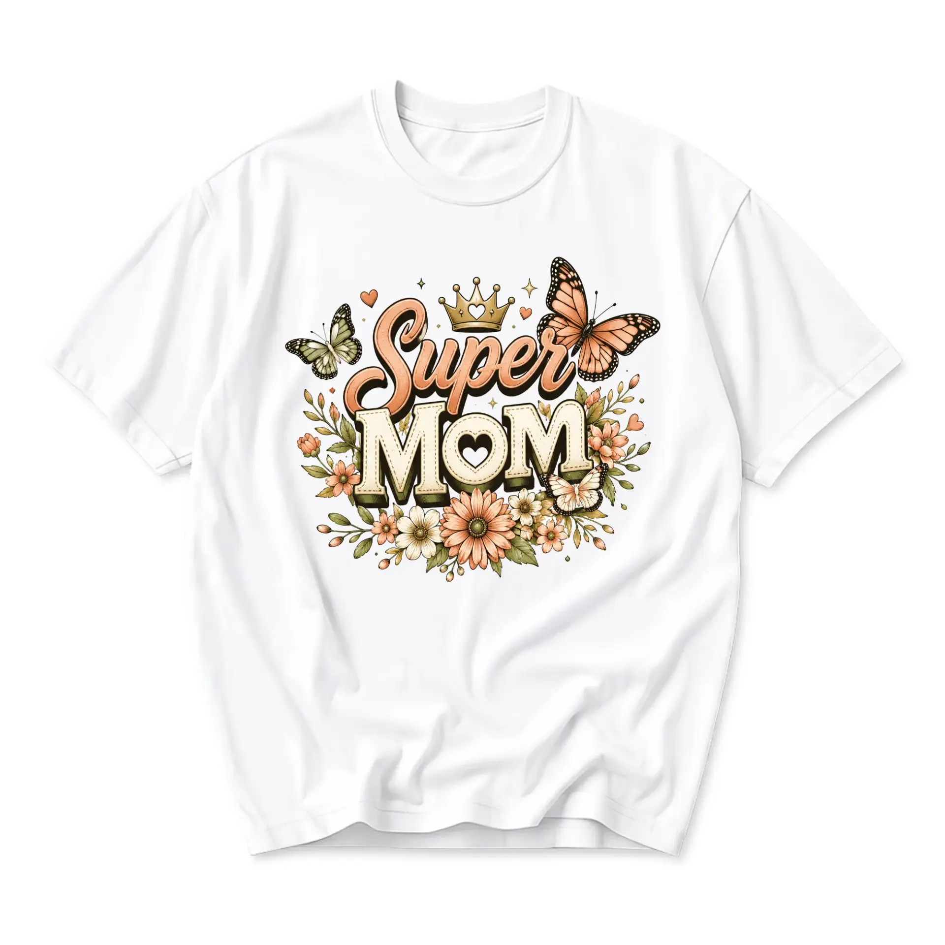 Graphic Tee Super Mom Butterfly Floral Design Unisex Crew Neck Soft Cotton Blend Casual Everyday Short Sleeve Shirt