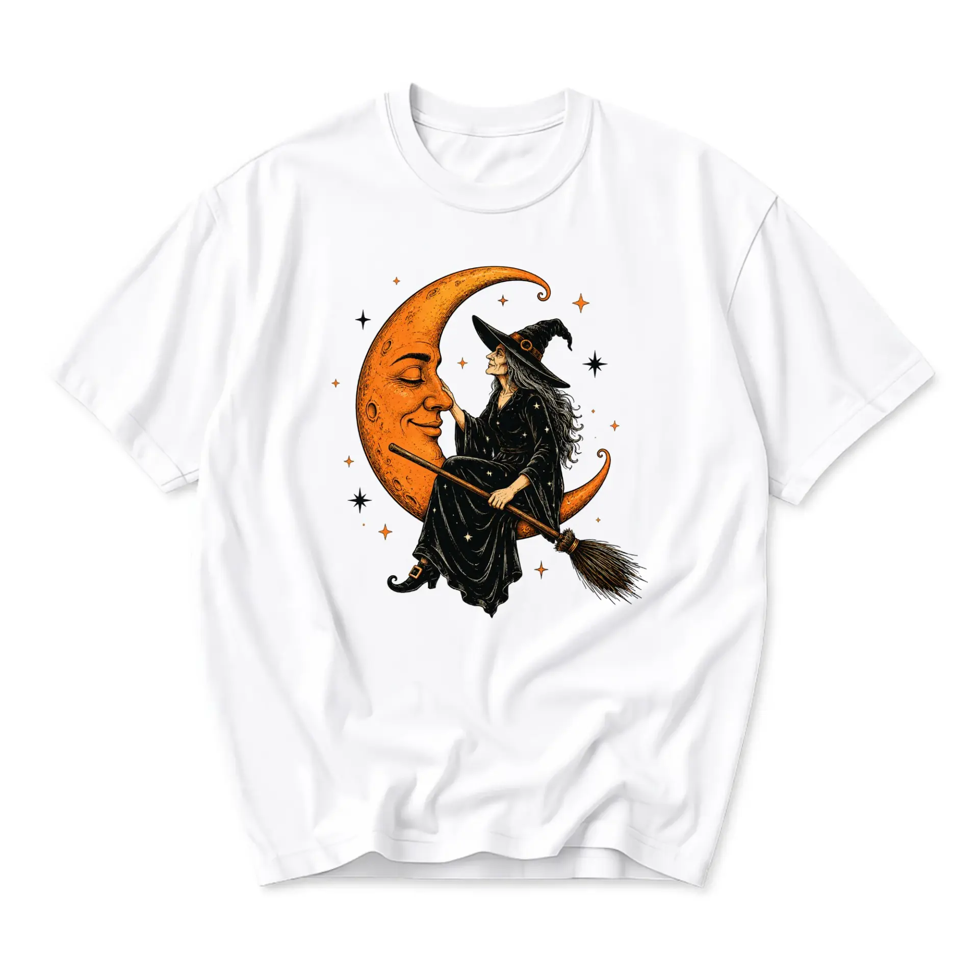 Graphic Tee Unisex Witch Sitting on Crescent Moon Celestial Magic Occult Inspired Casual Crew Neck Cotton T-Shirt