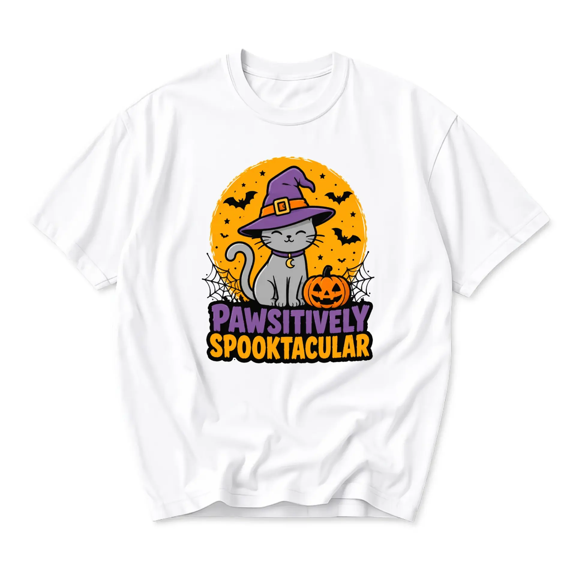 Graphic Tee Pawsitively Spooktacular Halloween Cat Unisex Crew Neck Casual Cotton Blend Short Sleeve Shirt