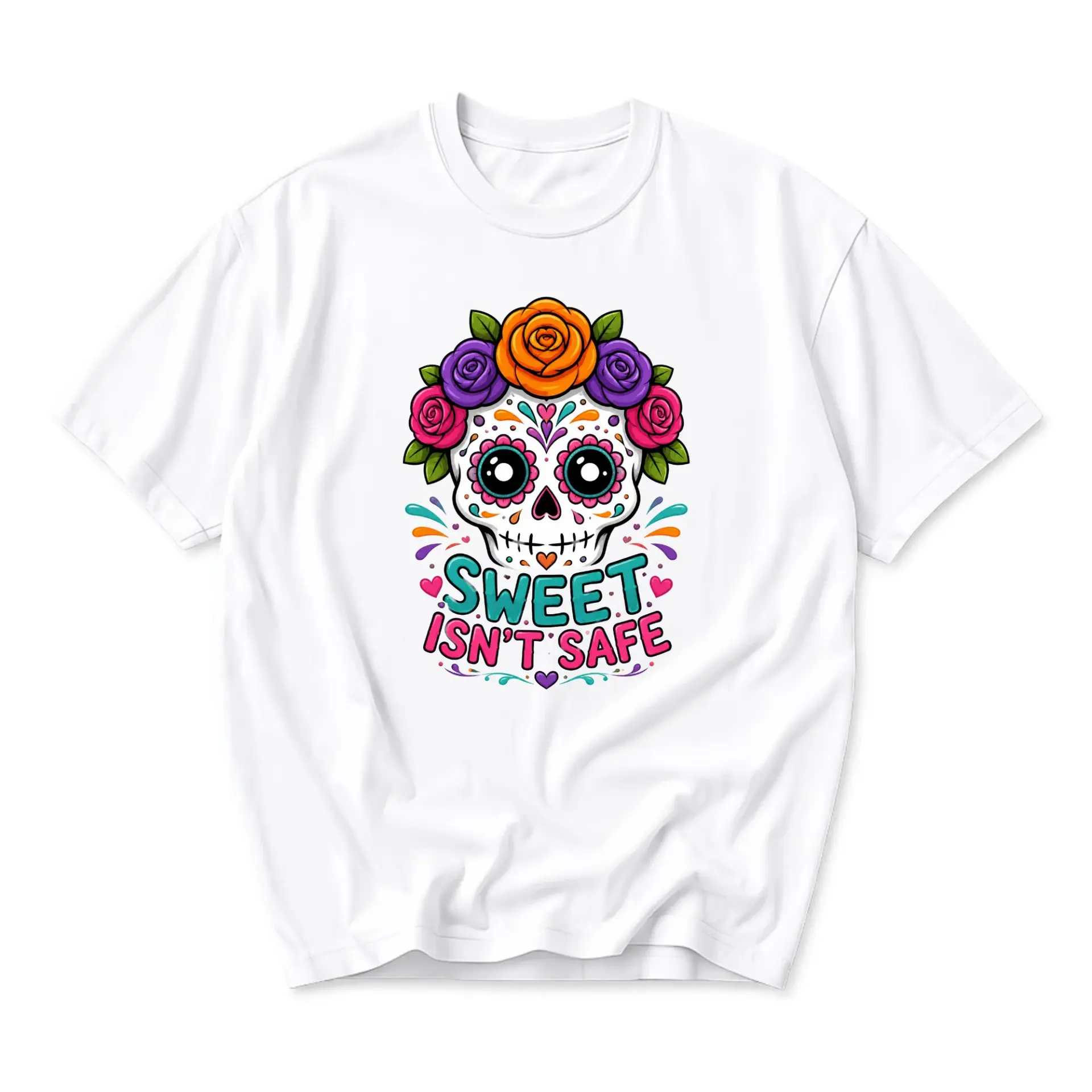 Graphic Tee Sweet Isnt Safe Sugar Skull Floral Illustration Unisex Crew Neck Short Sleeve Casual Cotton T-Shirt
