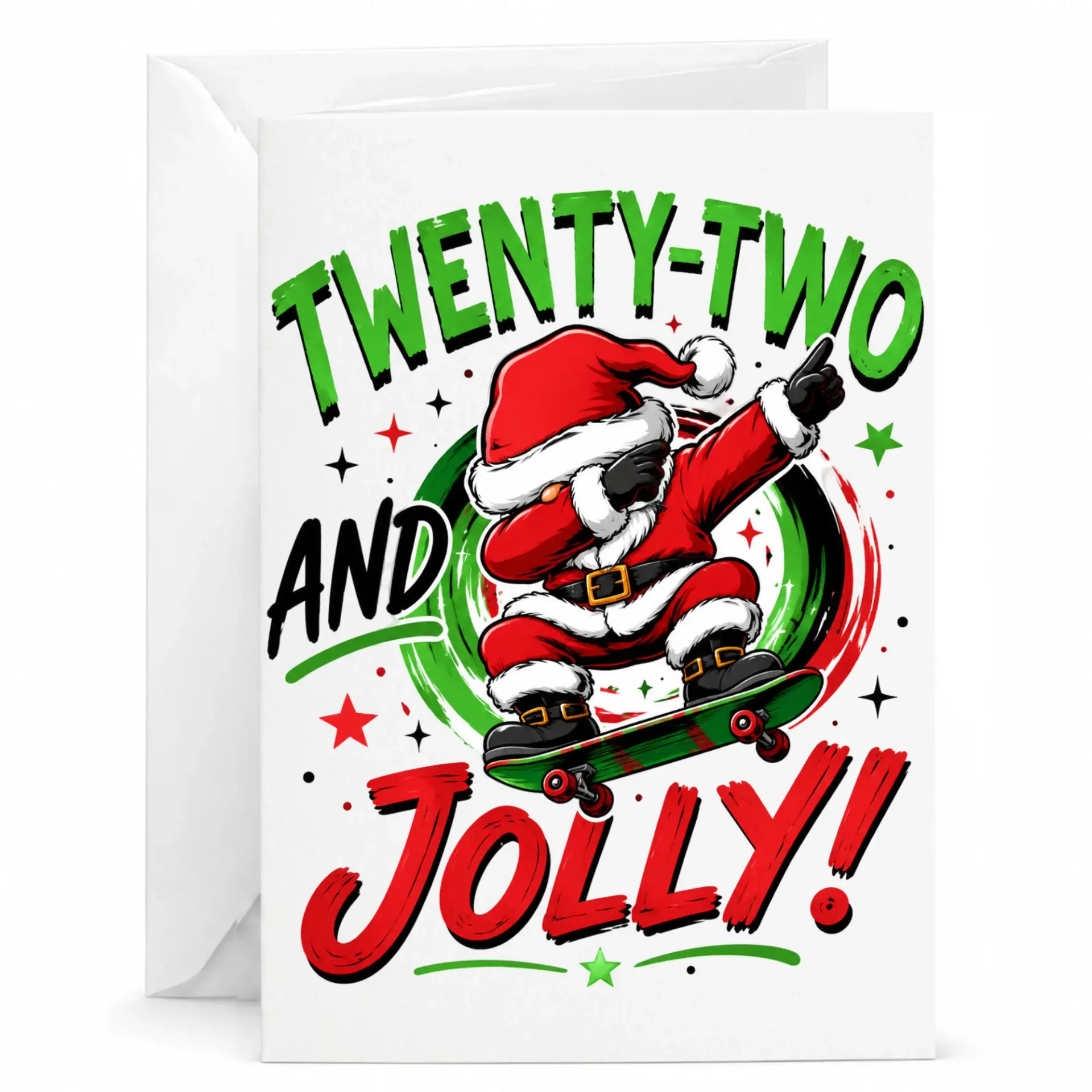 Funny Birthday Card Twenty Two and Jolly Santa Claus Skateboard Design Holiday Greeting Card for Turning 22 Years Old