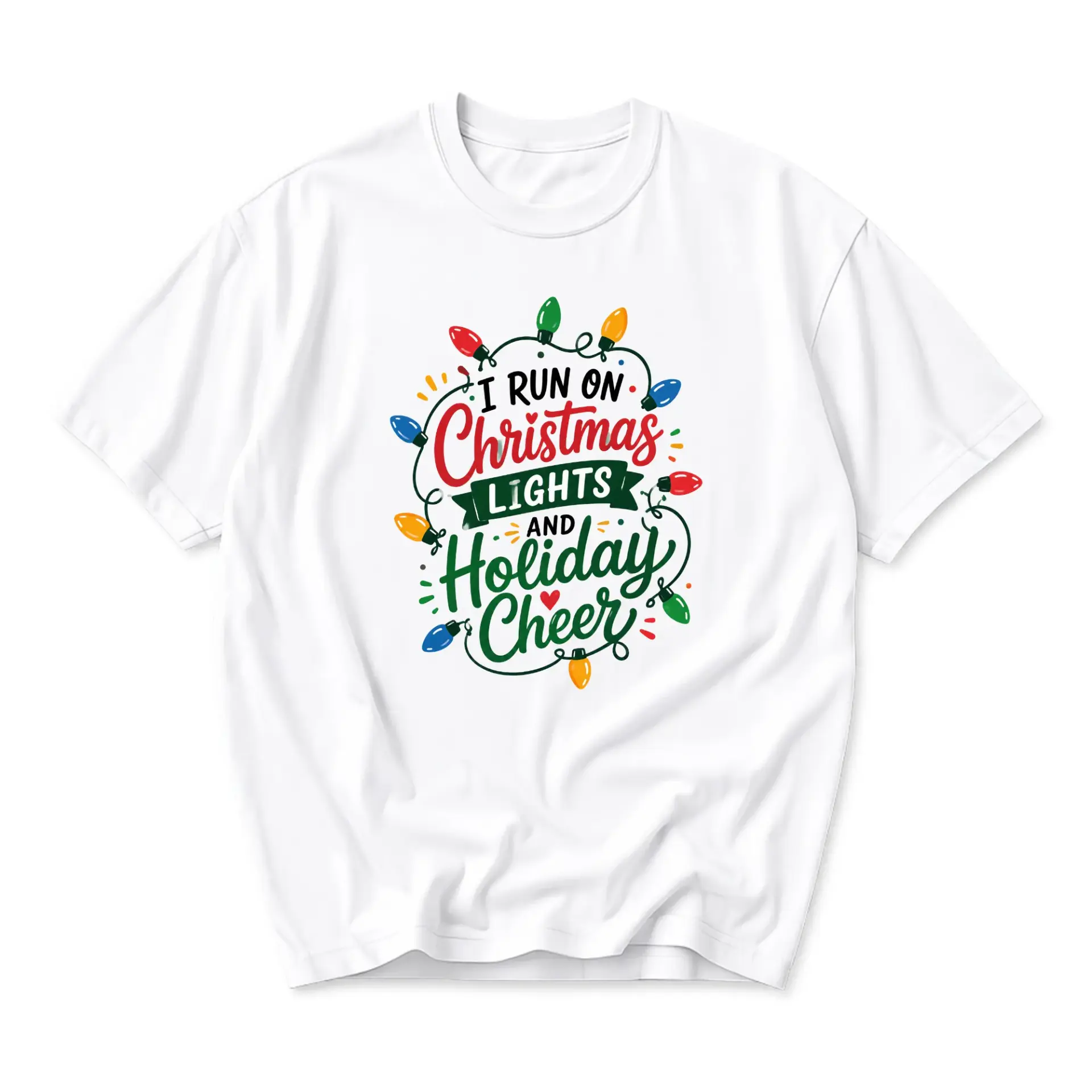 Funny Shirt I Run on Christmas Lights and Holiday Cheer Graphic Tee Unisex Casual Crew Neck Holiday Season Clothing