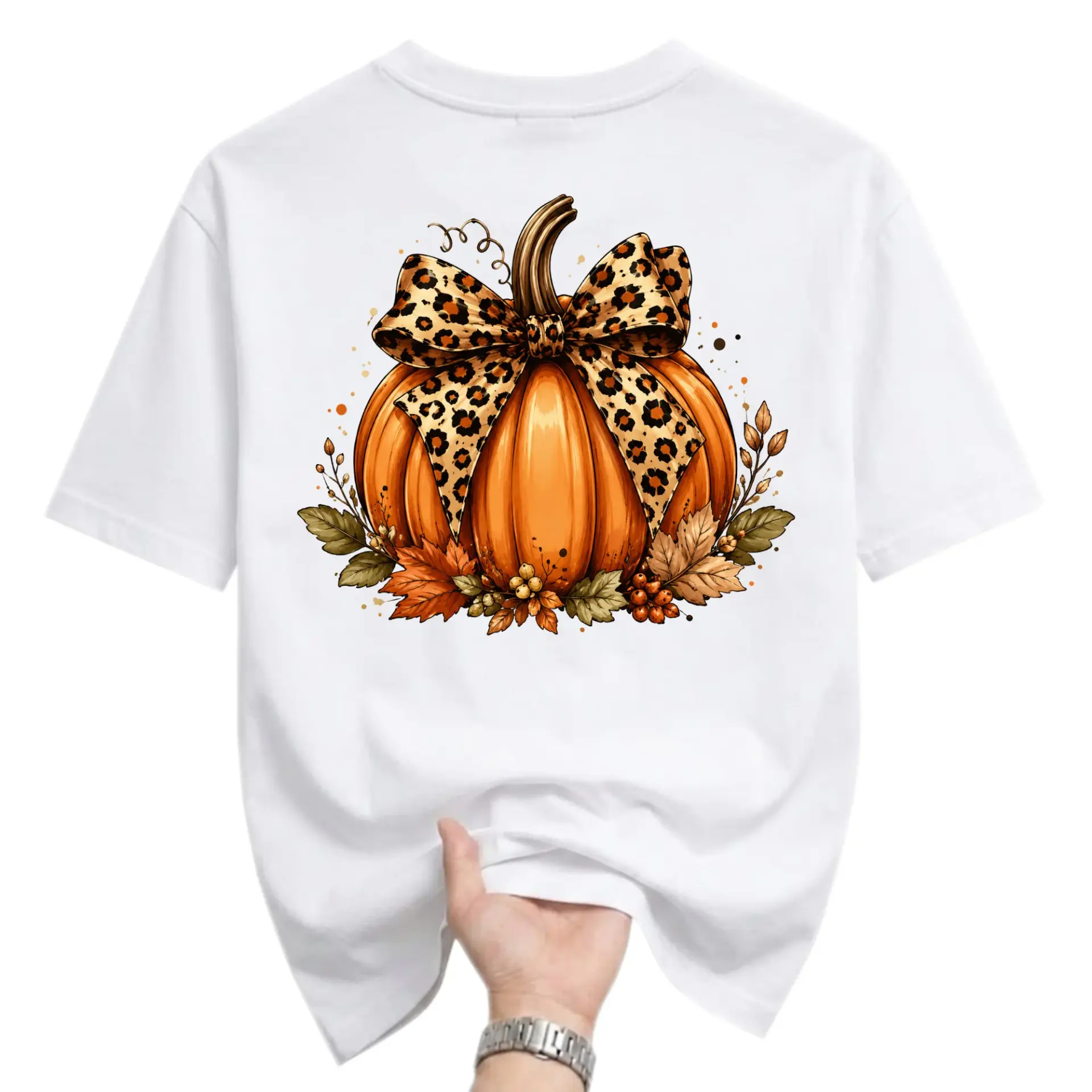 Graphic Tee Unisex Fall Season Pumpkin Shirt Featuring Leopard Print Bow Autumn Botanical Theme Casual Short Sleeve