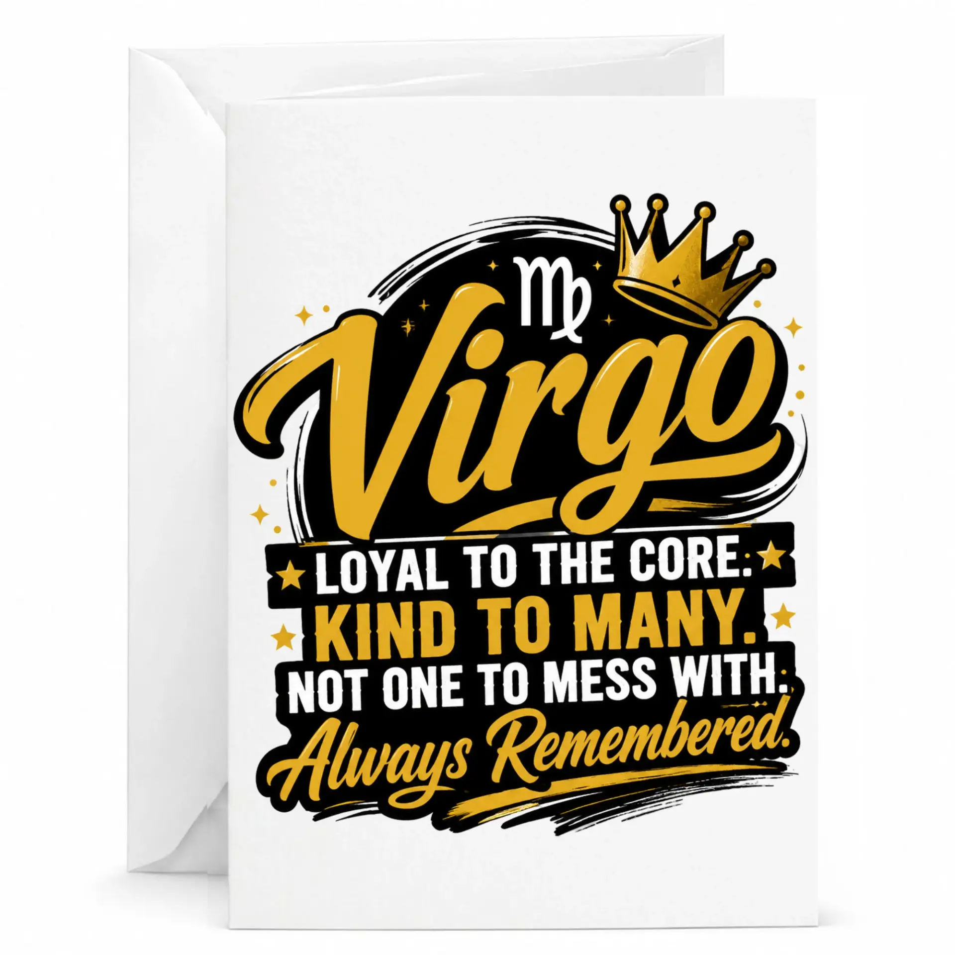 Birthday Card for Virgo Zodiac Sign Astrology Lover Featuring Elegant Gold Crown Graphic and Inspiring Personality Traits