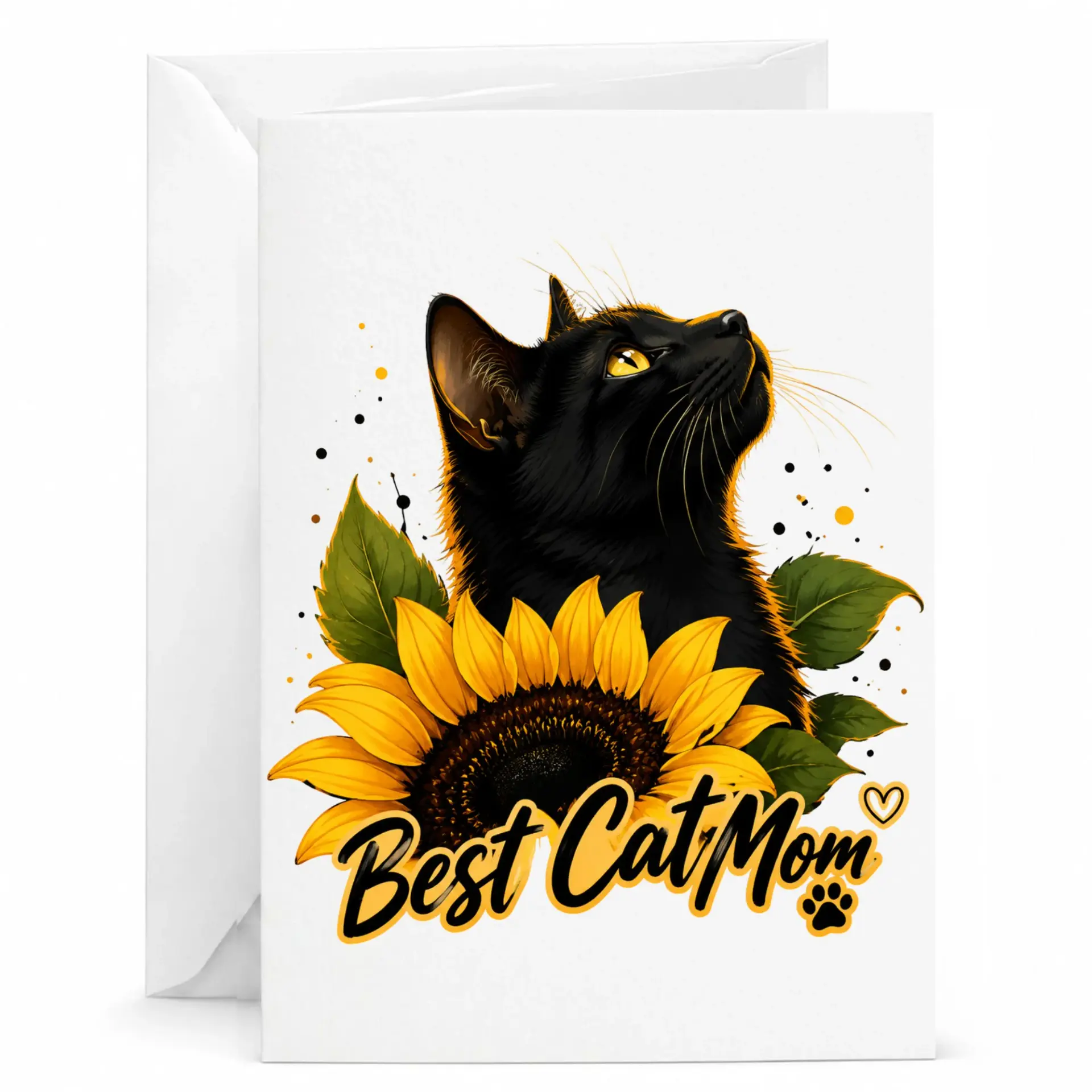 Best Cat Mom Sunflower Greeting Card Charming Black Illustration Art Print for Any or