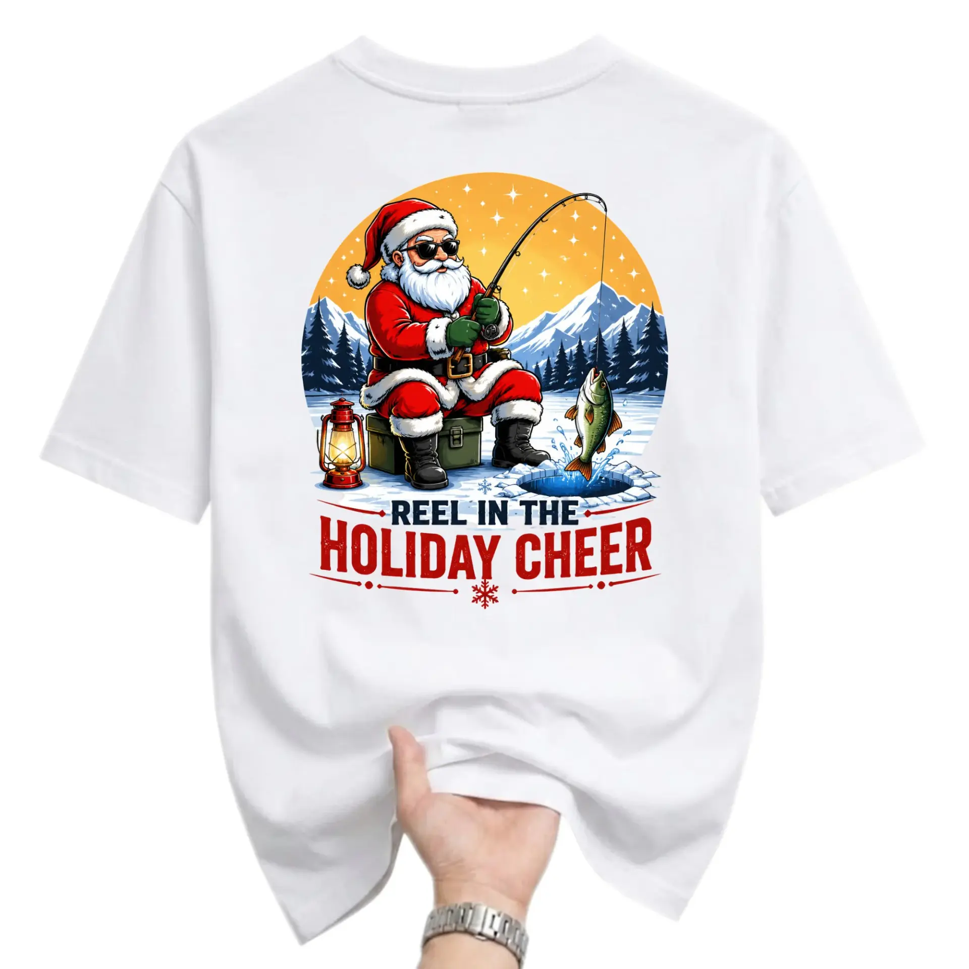 Funny Shirt Reel in the Holiday Cheer Graphic Tee Unisex Crew Neck Fishing Santa Casual Cotton Blend Top
