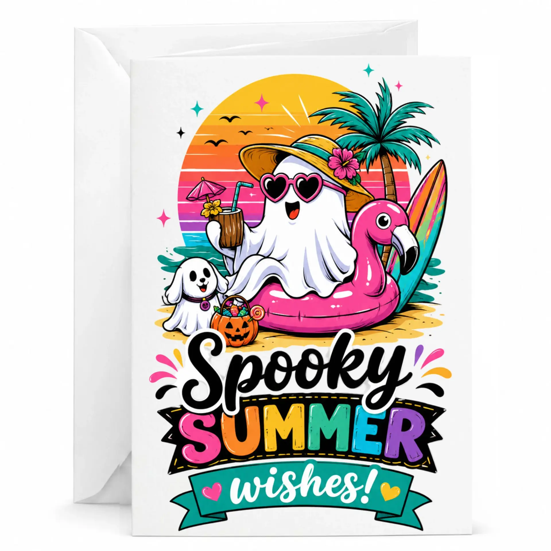 Funny Spooky Summer Wishes Greeting Card Tropical Beach Theme Blank Note for Birthday Anniversary